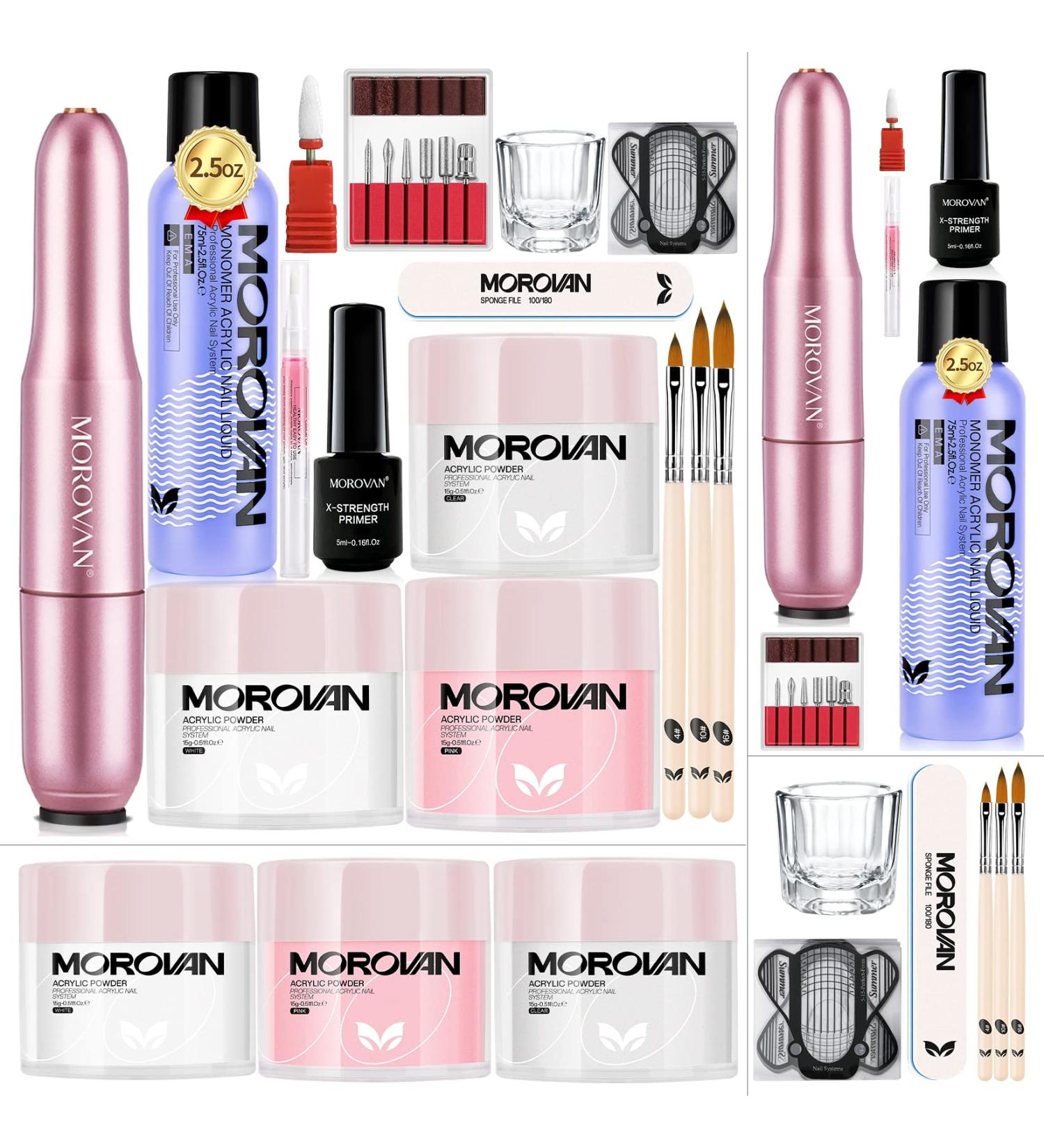 Morovan Acrylic Nail Kit with Drill - Professional Nails Set for Beginners - A1 Clear White Pink Acrylic Powder and Liquid Monomer Set with Primer Brush for Nail Art Extension - Buy Online on GoSupps.com