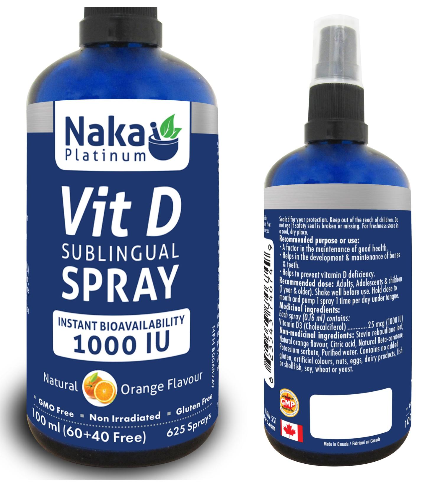 Naka Platinum Vitamin D SUBLINGUAL SPRAY instant Bioavailability 1000 IU (625 sprays) - 100 ml BONUS SIZE (60+40 FREE) - Buy Online on GoSupps.com