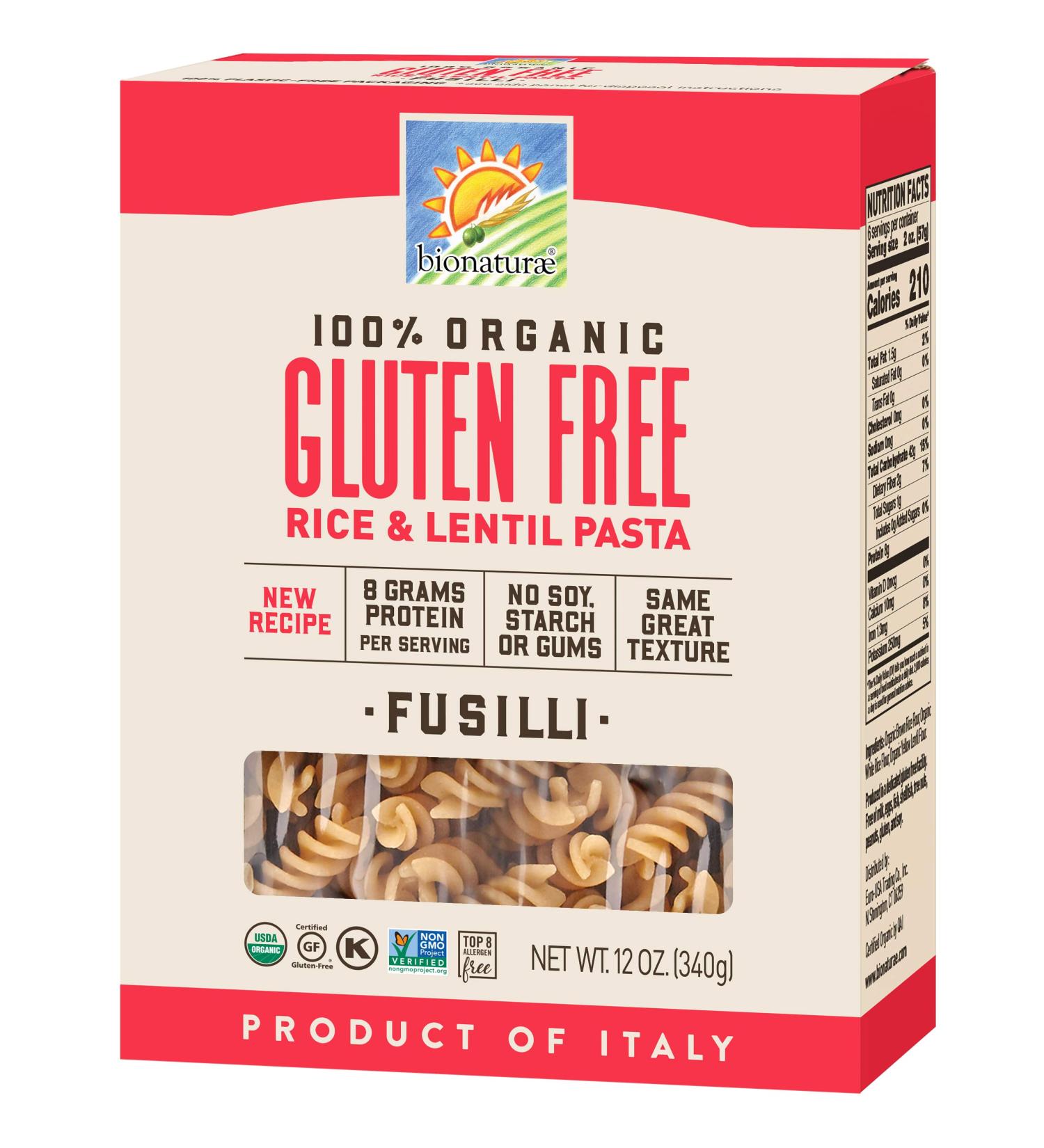 Bionaturae Gluten-Free Rice & Lentil Fusilli Pasta | Organic Non-GMO | Lower Carb | Kosher | Made in Italy | 12 oz (12 pack) - Buy Online on GoSupps.com