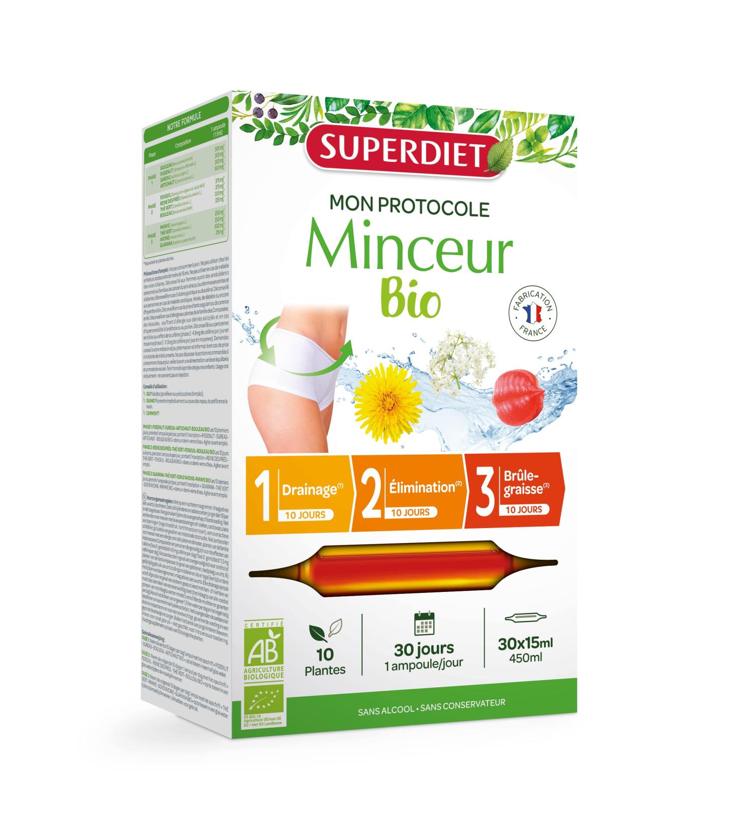 SUPERDIET Organic slimming protocol 3 phases: drainage elimination fat burner Herbal medicine Made in France 30 ampoules of 15 ml. - Buy Online on GoSupps.com