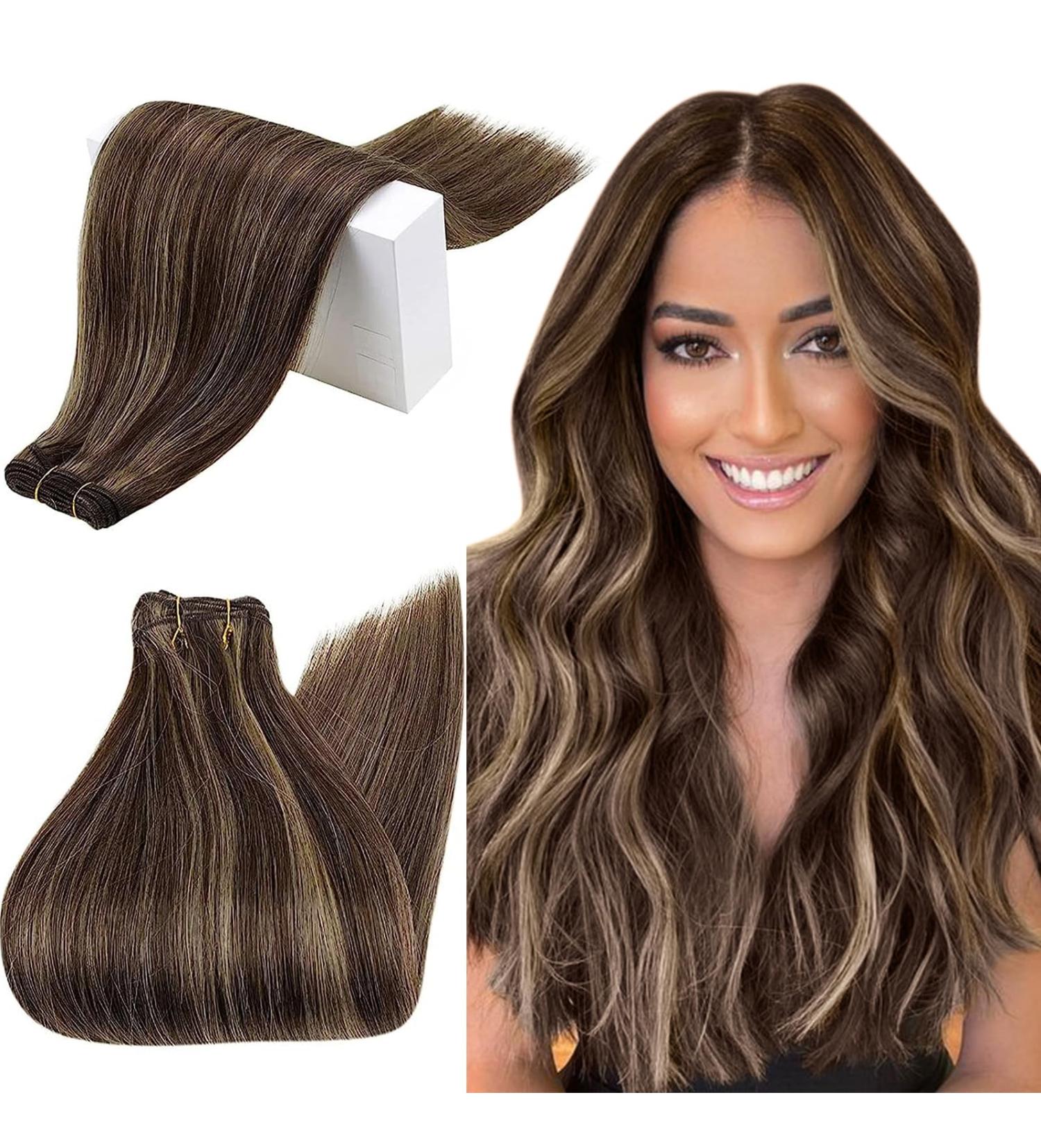 Runature Real Hair Tress Extensions 50cm - Highlight Brown Invisible Weft Remy Hair 100g/Pack for Sewing - Dark Brown Hair Extensions - Buy Online on GoSupps.com