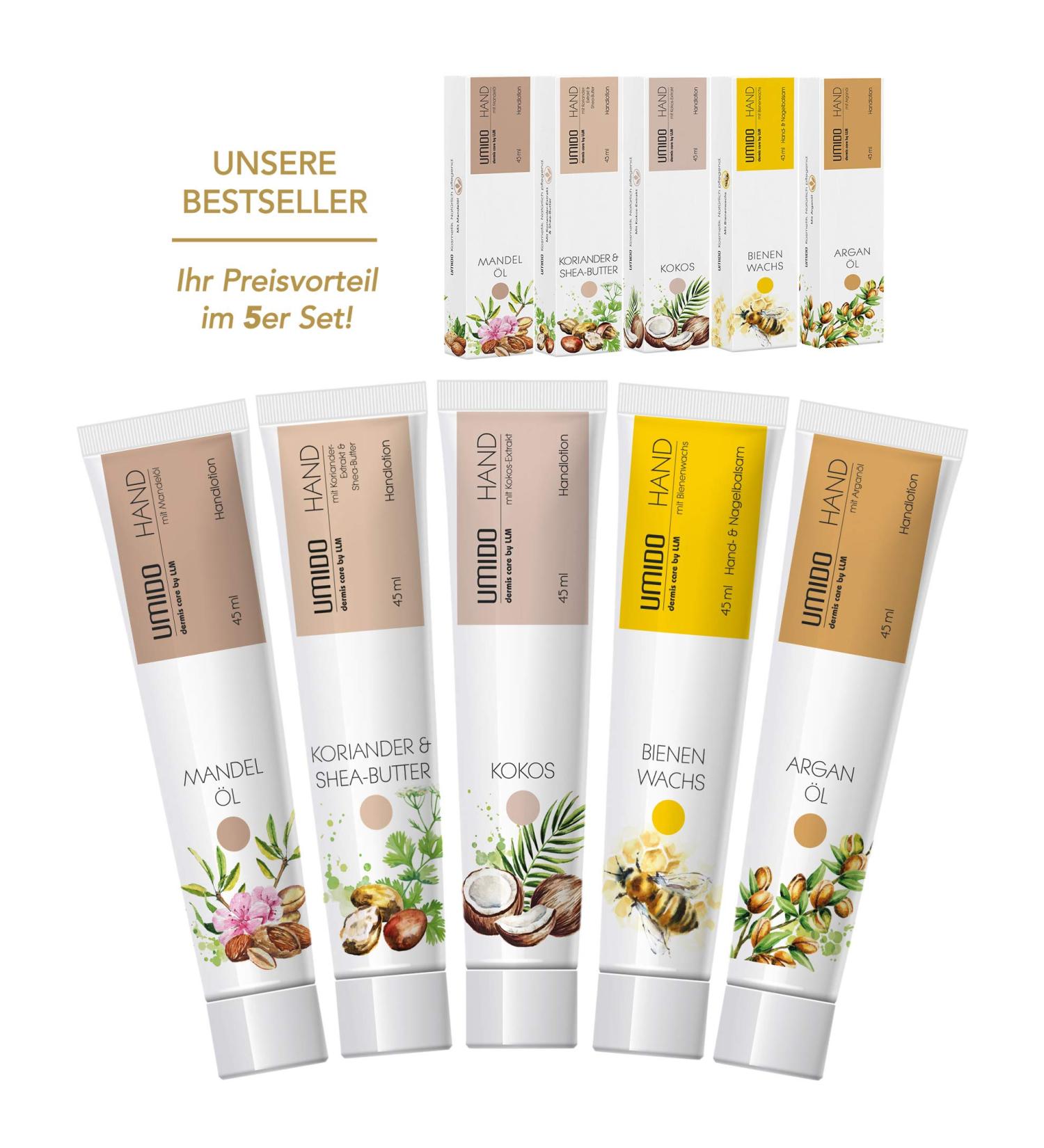UMIDO 5-Piece Hand Lotion Set | Almond Oil Shea Butter Coconut Beeswax & Argan Oil | Luxurious Hand Cream & Care Lotion for Soft Skin | Ideal Gift for All Skin Types - Buy Online on GoSupps.com
