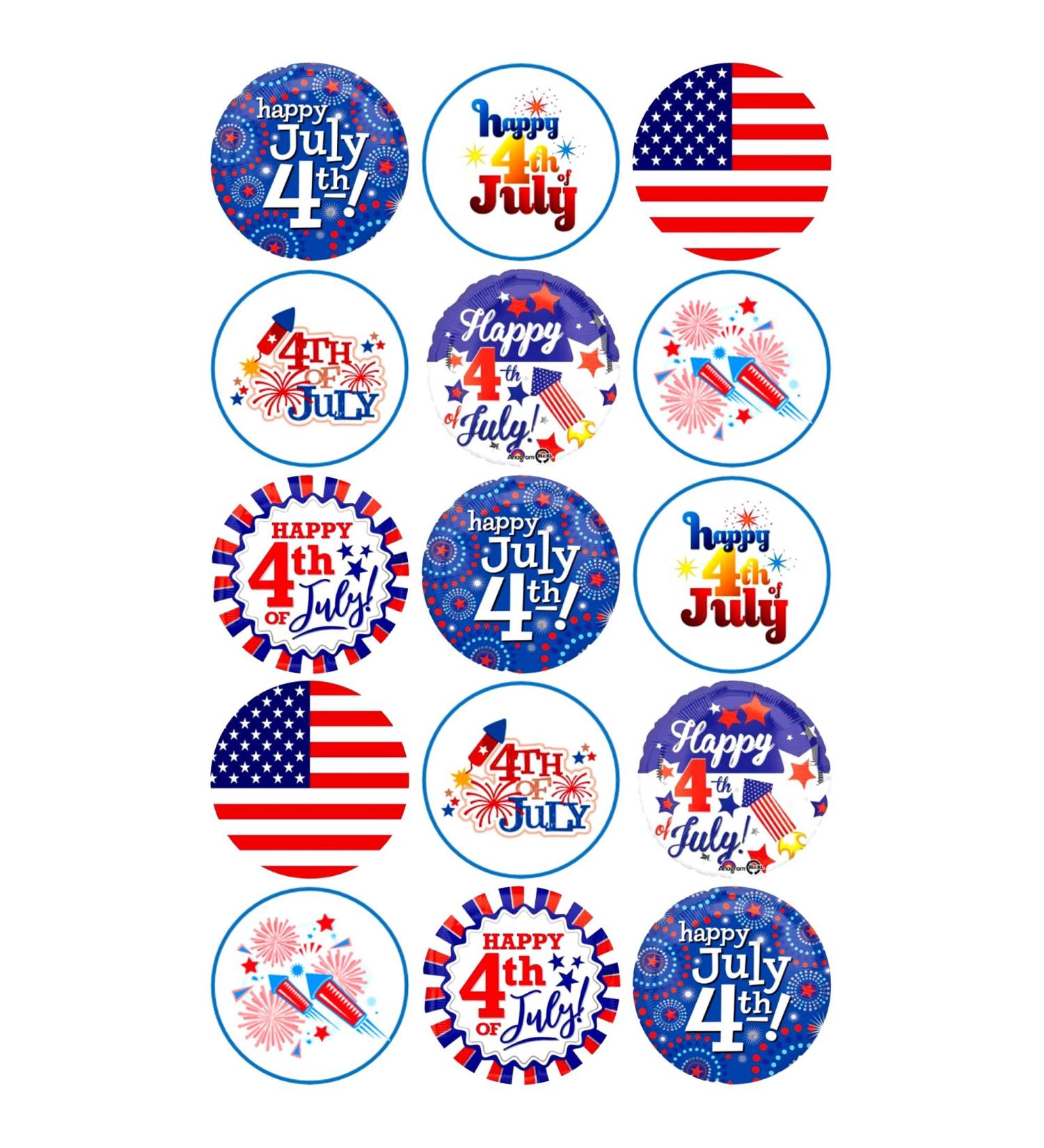 15 x 4th July Mix Edible Wafer or Icing Cupcake Topper Fun American Party Cake Decorations Perfect For Brownies Cookies Muffins & More! (Premium Icing Sheet)