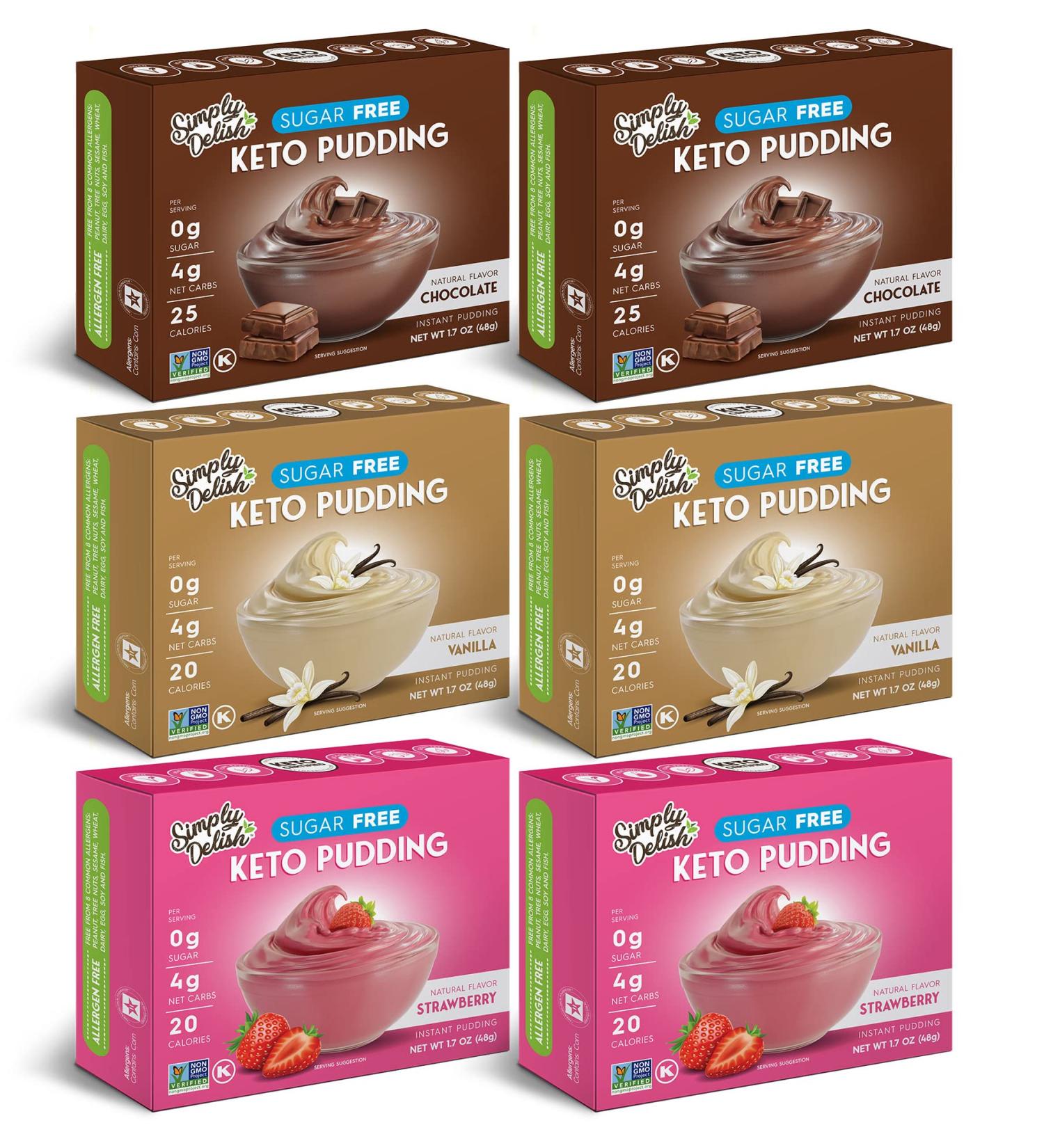 Simply Delish Instant Pudding Mix Variety Pack - Plant Based Guilt Free Desserts - Sugar Free, Non GMO, Gluten Free, Fat Free, Vegan & Keto Friendly - 0.7 oz & 1.76 oz (Pack of 6) - Buy Online on GoSupps.com