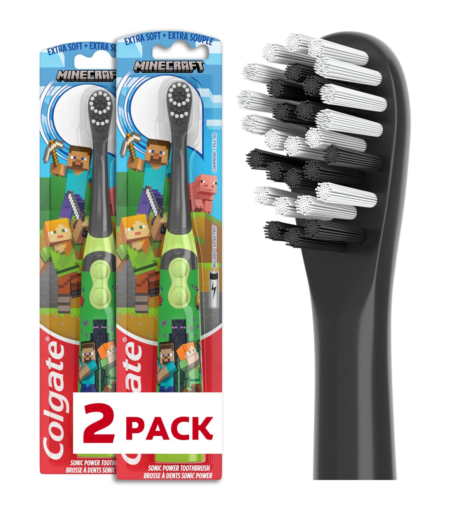 Colgate Kids Battery Powered Minecraft Toothbrush Extra Soft Kids Battery Toothbrush with 1 AA Battery Included Made for Ages 3 and Up Features Easy On and Off Switch Flat Lay Handle 1 Count Minceraft 2pk