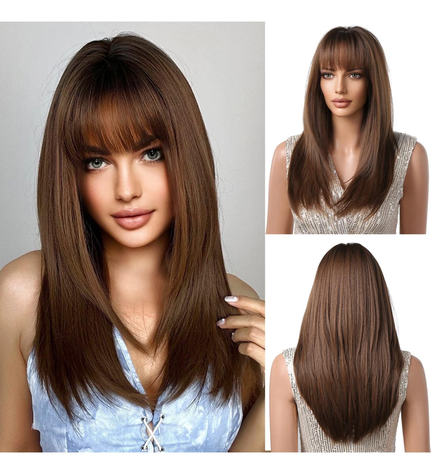 Oefei Brown Wigs for Women | Long Straight Synthetic Wig with Bangs | Heat-Resistant for Daily Wear Parties & Cosplay - Buy Online on GoSupps.com