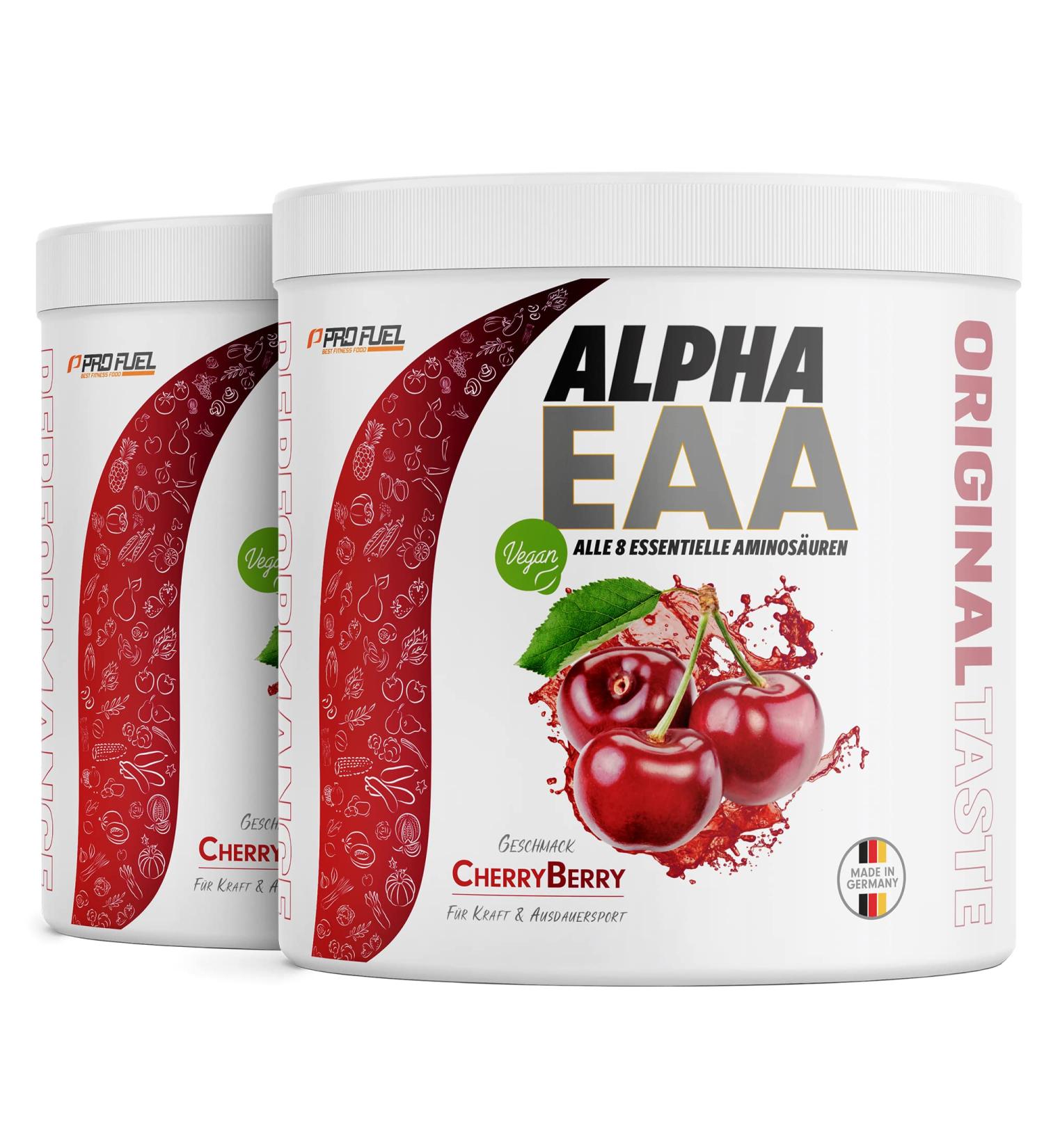 Alpha EAA Powder 2x462g Cherry Berry - Vegan Essential Amino Acids Drink All 8 EAAs Delicious Cherry Berry Flavor Optimal Value Made in Germany - Buy Online on GoSupps.com