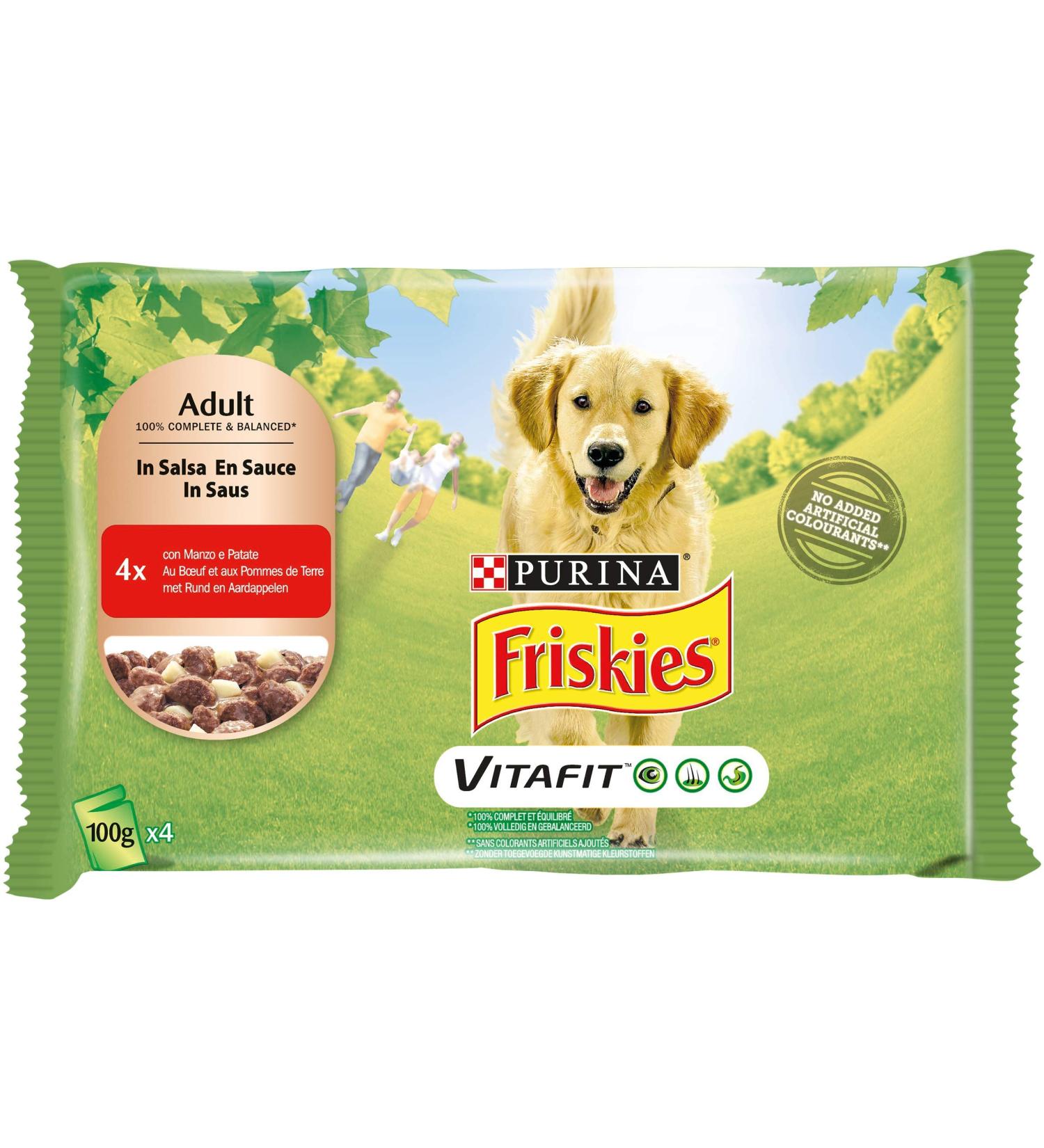PURINA FRISKIES 5 Promises Wet Food for Adult Dogs Chunks in Sauce with Beef and Potatoes 40 envelopes of 100 g - Buy Online on GoSupps.com