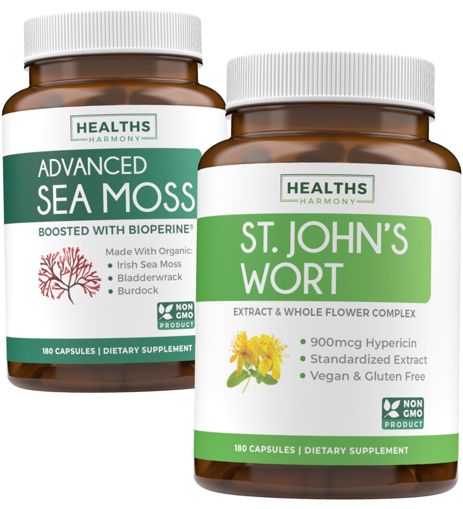 Sea Moss & St. John's Wort (2-Month Supply) Mood Moss Blend - Organic Irish Sea Moss - Raw Vegan Supplement (180 Caps) & St John's Wort with Powerful 900mcg Hypericin Vegan Non-GMO (180 Capsules) - Buy Online on GoSupps.com