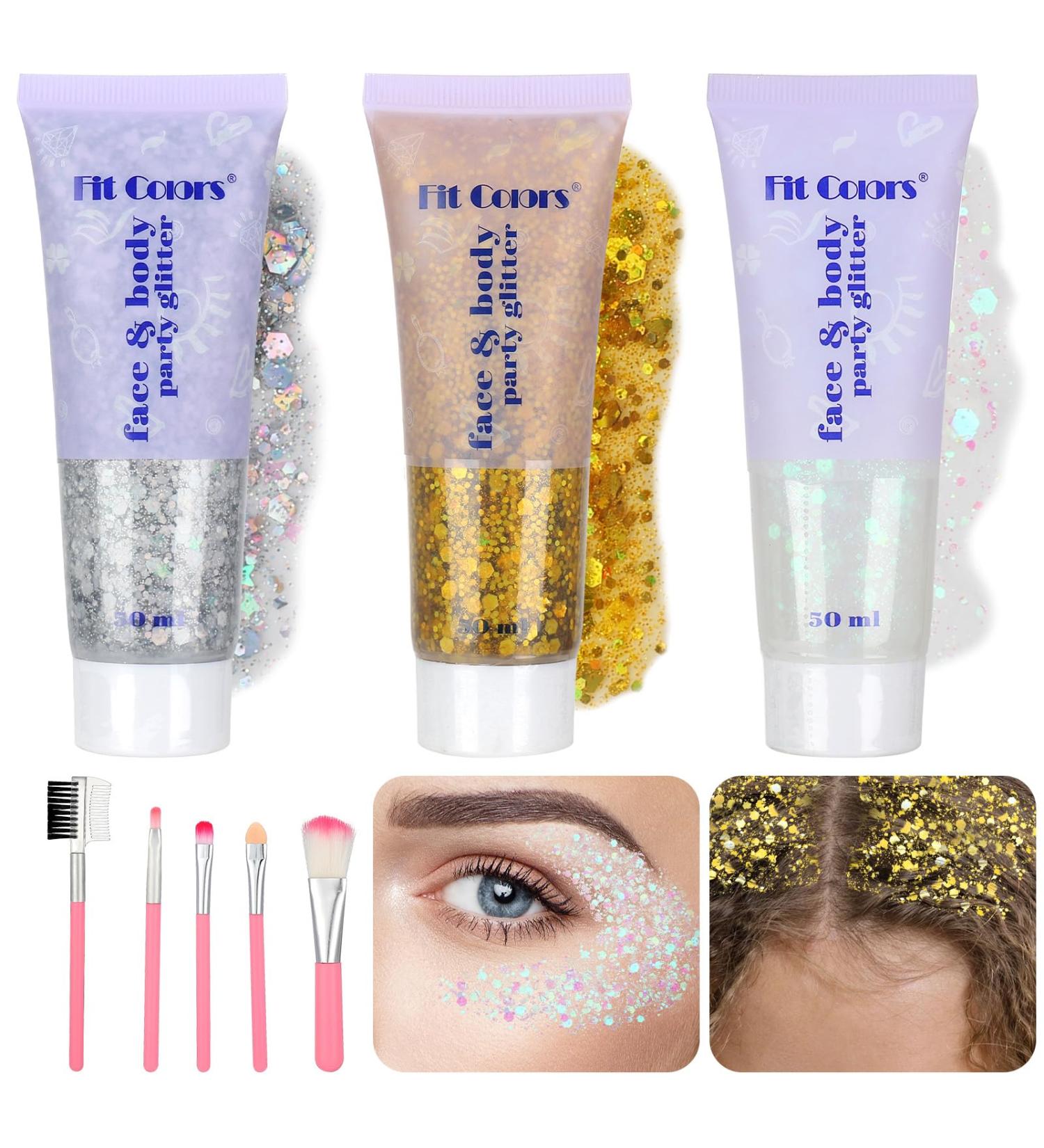FRIUSATE 3x50ml Body Glitter Gel - Mermaid Sequins Holographic Sparkle for Face, Body, Eye & Hair - Festival Party Accessories - Buy Online on GoSupps.com