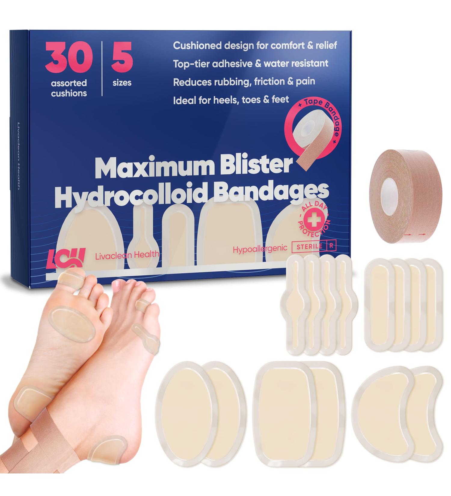 Blister Bandages for Feet (30 CT) - Water Resistant Hydrocolloid Pads for Runners Heels & Active Movement | Blister Prevention for Fingers & Toes - Buy Online on GoSupps.com
