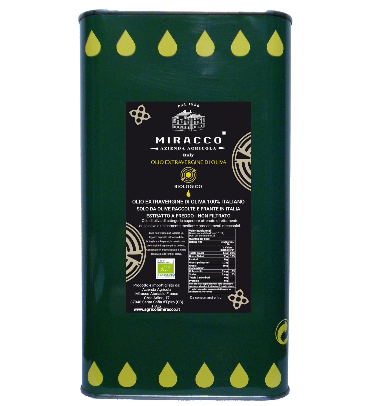 MIRACCO 100% Italian Organic Calabrian Extra Virgin Olive Oil Cold Pressed 3L - Buy Online on GoSupps.com