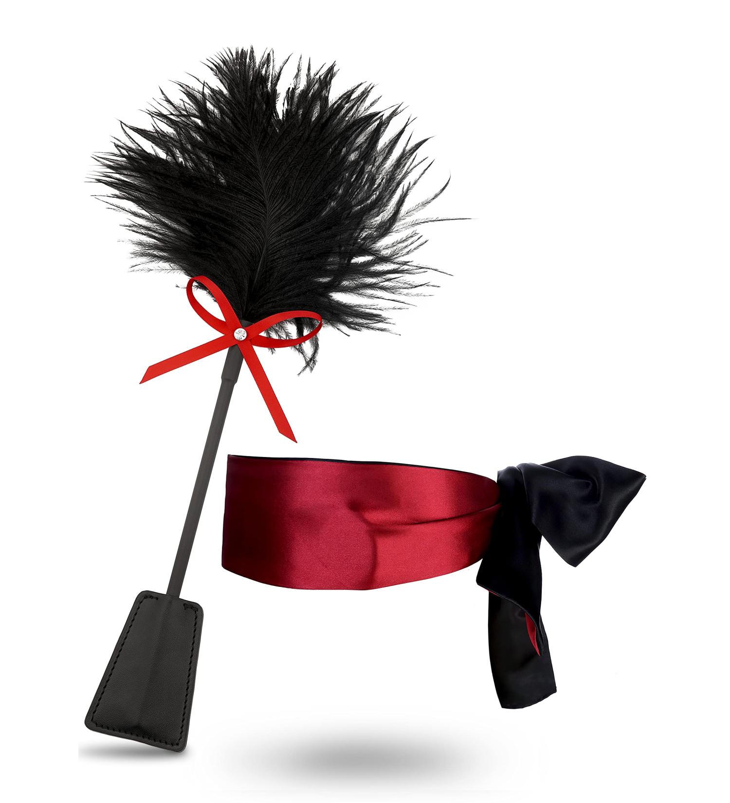 Feather Tickler & Blindfold Set | 15 Fluffy Tickler Toys | Satin Eye Mask for Sensual Play - Buy Online on GoSupps.com