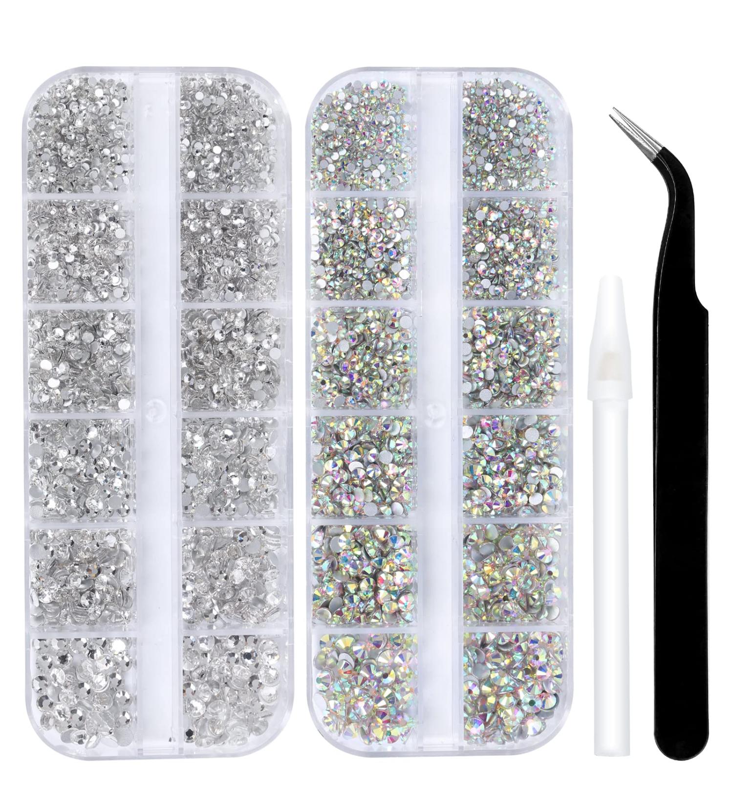 5136Pcs Clear Crystal Rhinestones Set for Nail Art & Tumblers | Glass Glitter Round with Picking Pen & Tweezer | SS4-SS16 | White + White AB - Buy Online on GoSupps.com