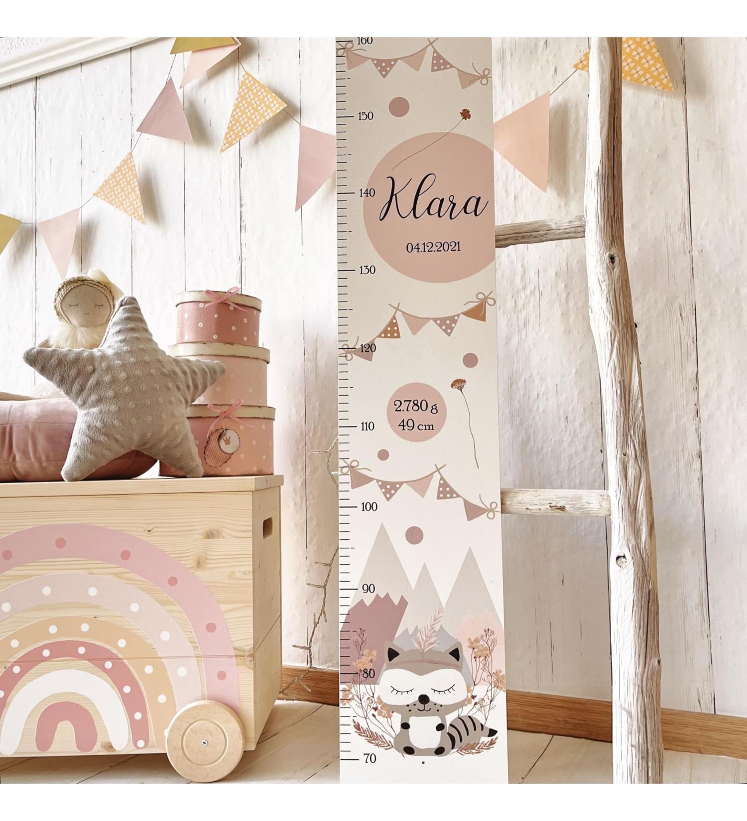 Personalized yardstick for children "raccoon pink" 70-160cm - 3 materials children's measuring slat wood as decoration for children's room - personalized gift for children (white)