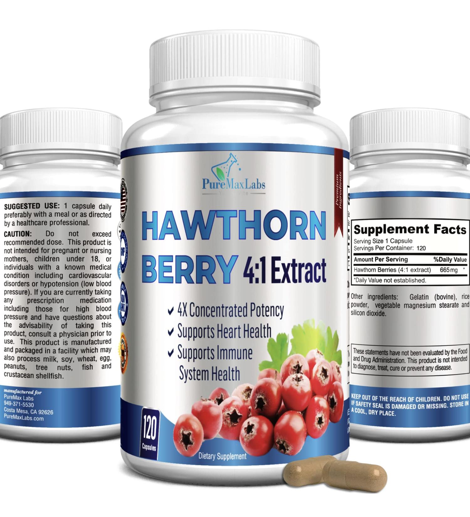 Hawthorn Berry Extract 4:1 (120 Capsules) - Supports Healthy Blood Pressure, Heart Health, Immune System - Super Antioxidant - Concentrated from 2660mg Berries - Buy Online on GoSupps.com
