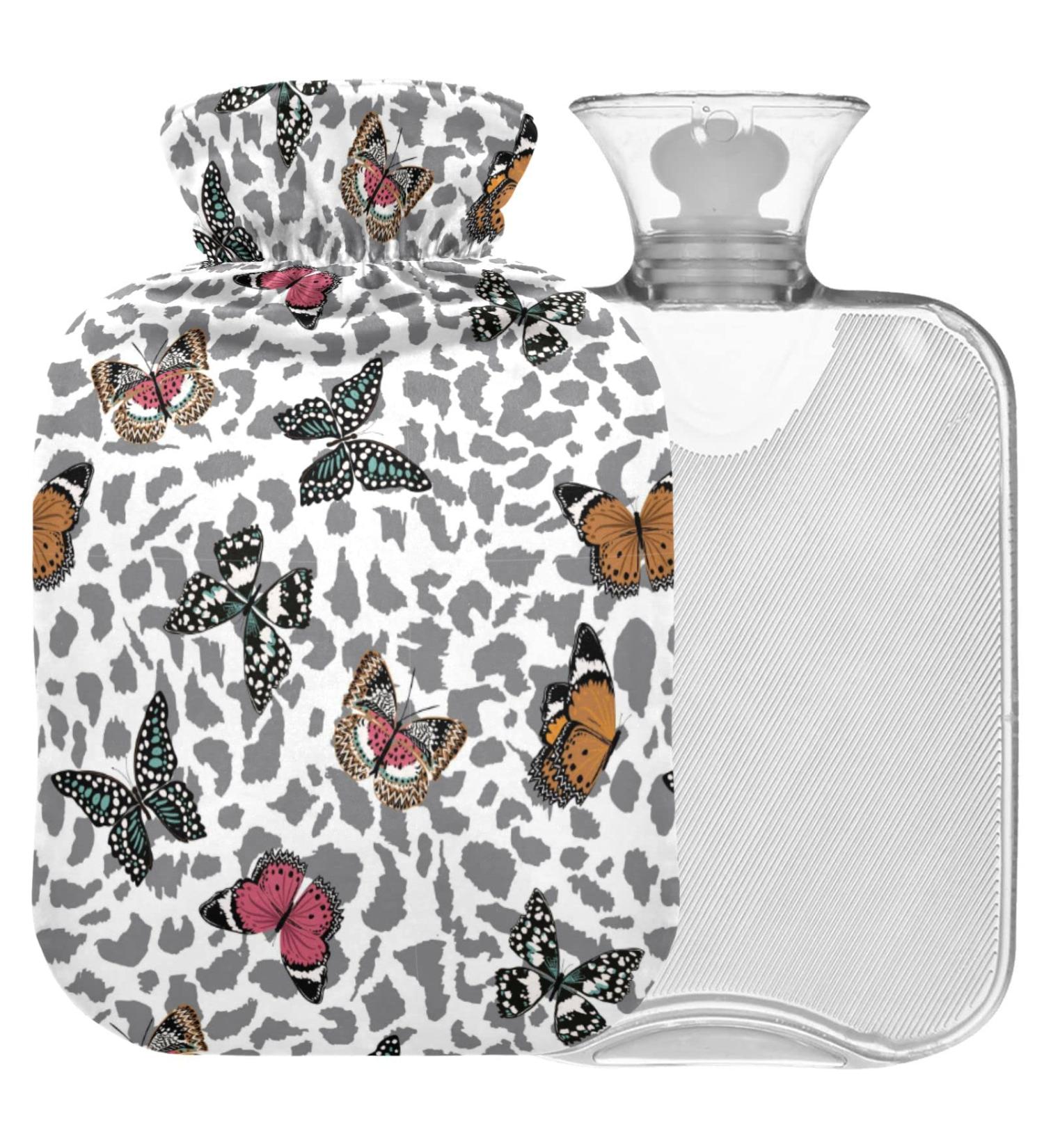 Naanle Leopard Butterflies Heat Bottle with Cover - 1L Transparent Hot Water Bottle for Bed Hand & Feet Warmer Pain Relief & Cold Therapy - Buy Online on GoSupps.com