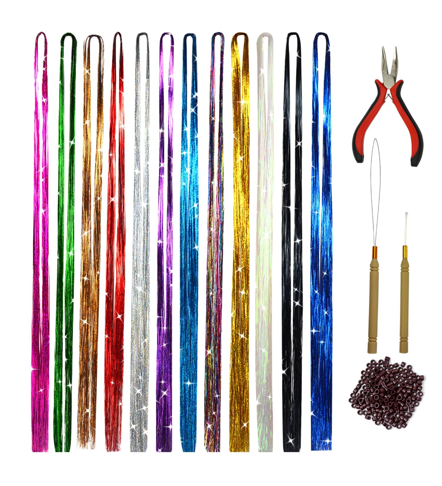 Hair Tinsel Strands Kit - 2400 Glitter Hairpieces in 12 Colors | 47 Inch Hair Extension Tools for Parties & Events - Buy Online on GoSupps.com