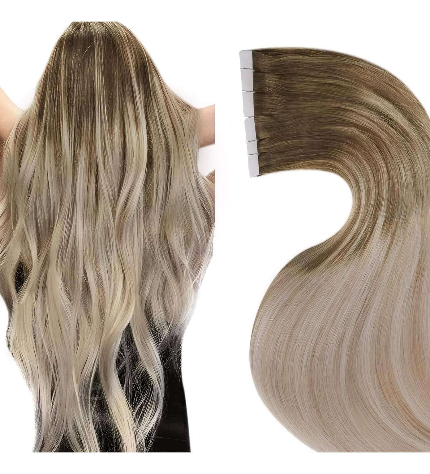 LAAVOO Tape-In Hair Extensions | Real Hair Ombre & Balayage | 35cm Length | Light Brown to Platinum Blond | 20PCs 50G #8/18/60 - Buy Online on GoSupps.com