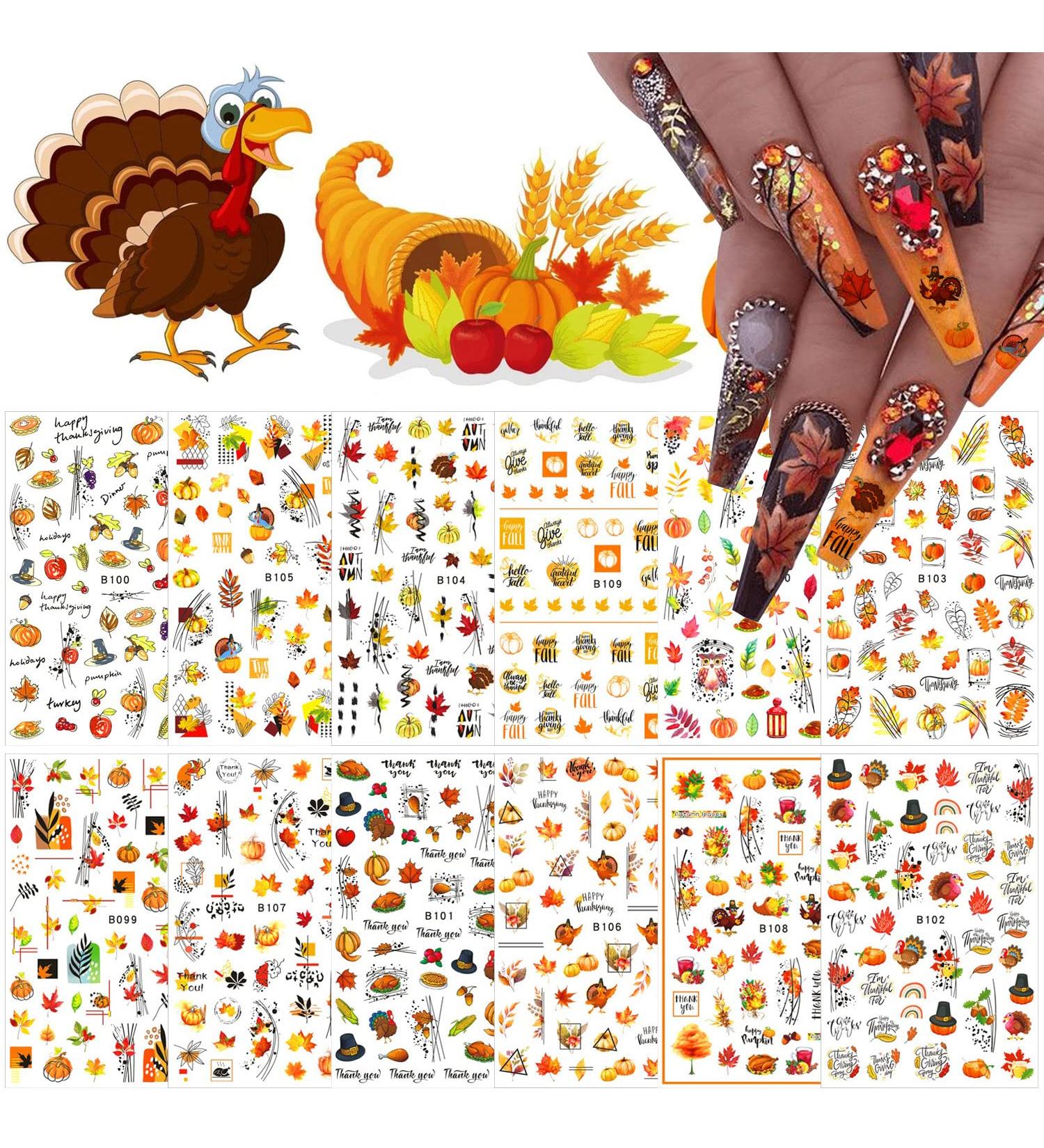 12 Sheets Fall Nail Art Stickers - 3D Autumn Leaves & Thanksgiving Designs for Women | Self-Adhesive Nail Decals & Accessories - Buy Online on GoSupps.com