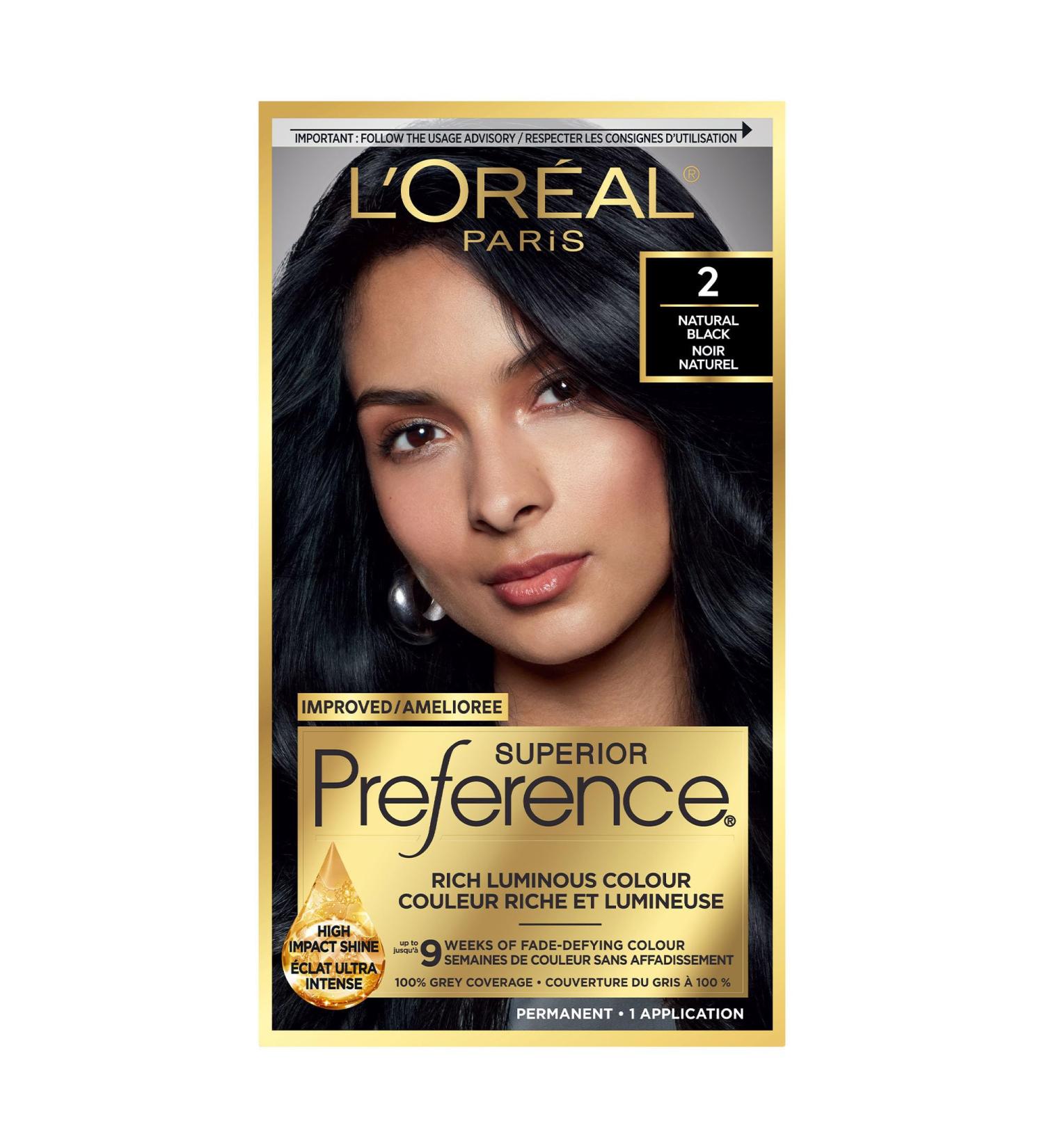 L'Oreal Paris Superior Preference 9 weeks of Luminous Fade-Defying Permanent Hair Dye 2 Natural Black 100% Grey Coverage 1 Hair Dye Kit (Packaging May Vary) Natural Black 1 count (Pack of 1) - Buy Online on GoSupps.com