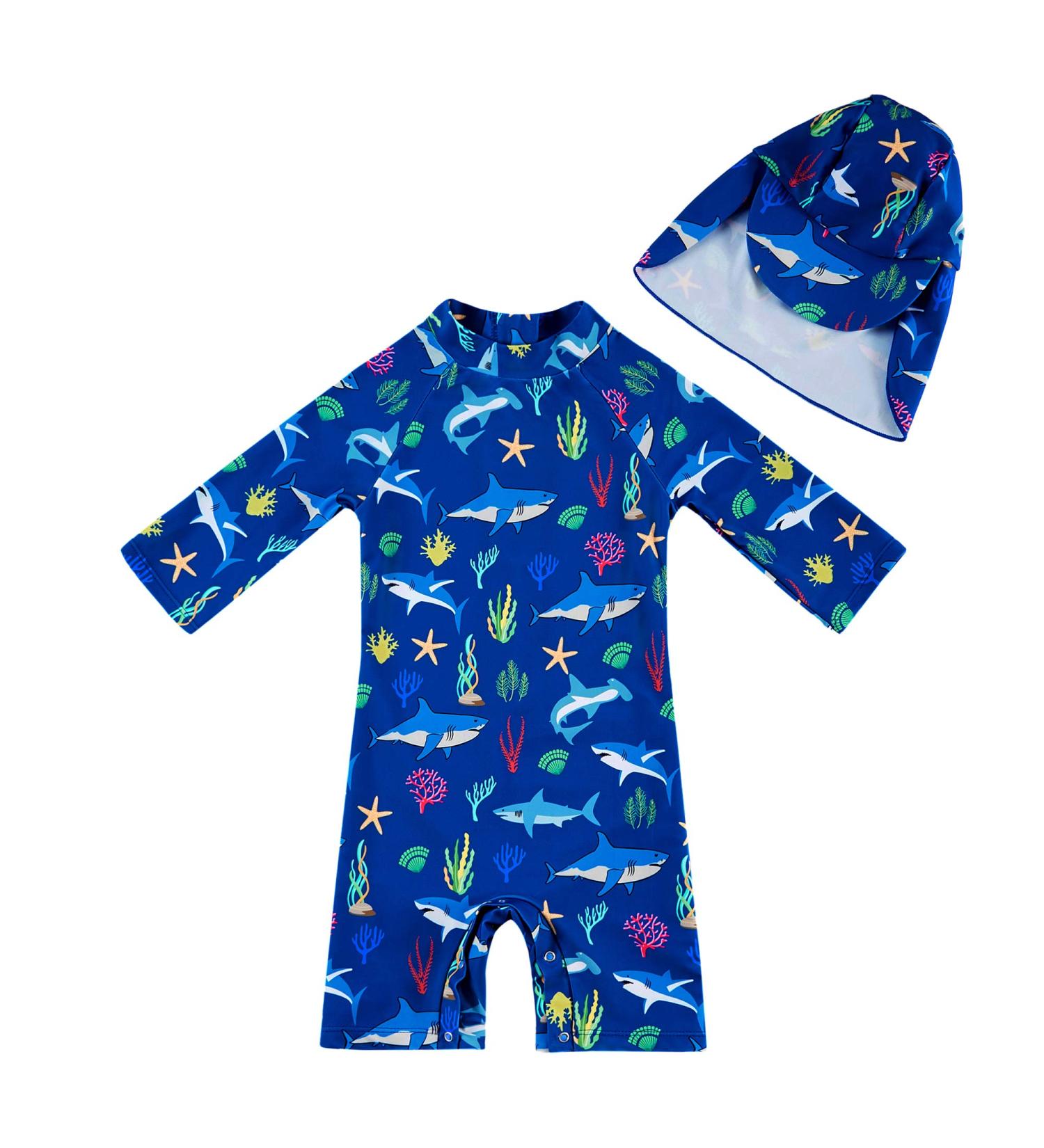 UPF 50+ Blue Shark Print Baby Swimwear with Snap Bottom | Toddler One Piece Swimsuit 9-12 Months - Buy Online on GoSupps.com
