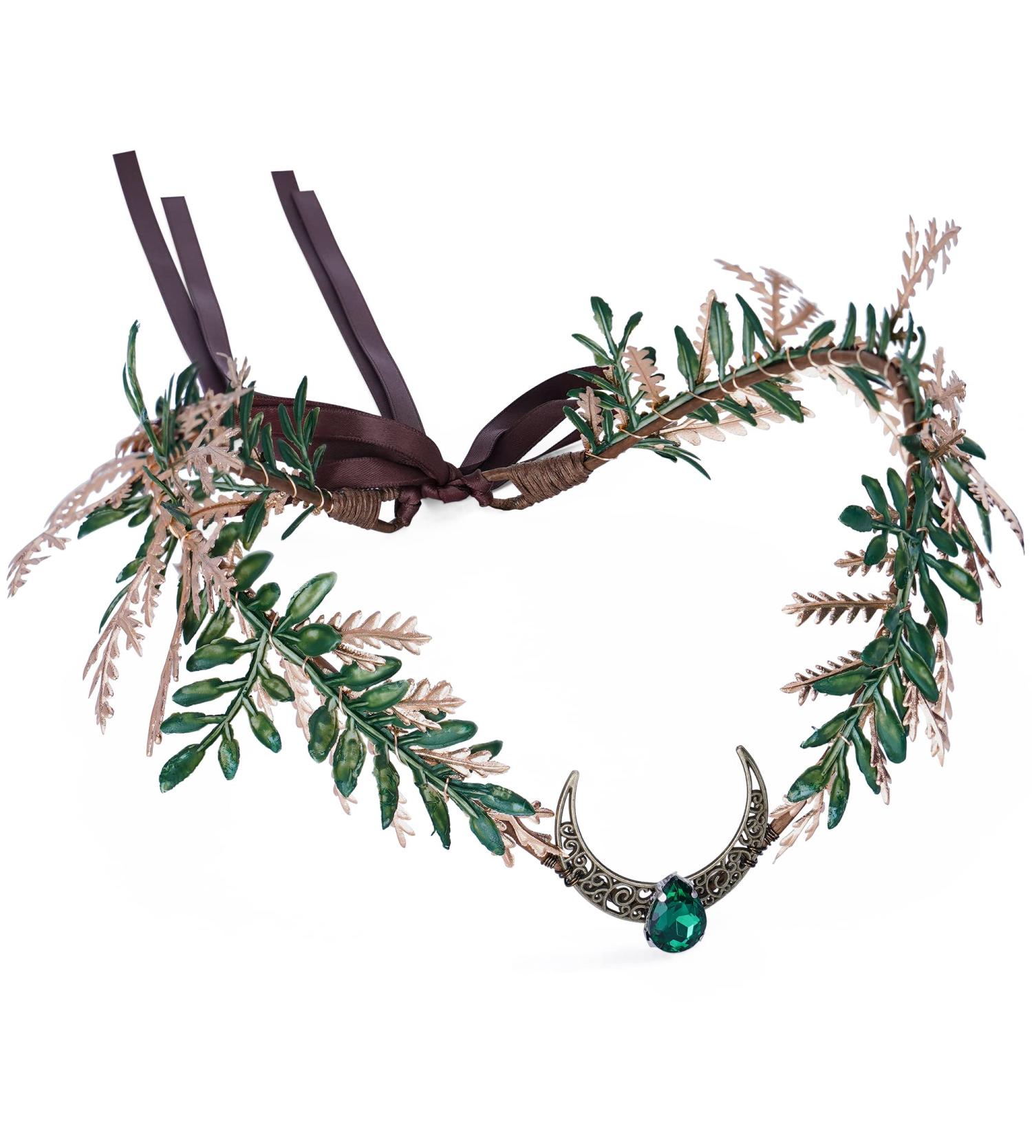 MOSTORY Handmade Moon Leaf Headband Woodland Fairy Crown Headpiece for Wedding Bridal Dark Green Elven Circlet for Women Cosplay Costume Accessory Renaissance Halloween Party Golden Green - Buy Online on GoSupps.com