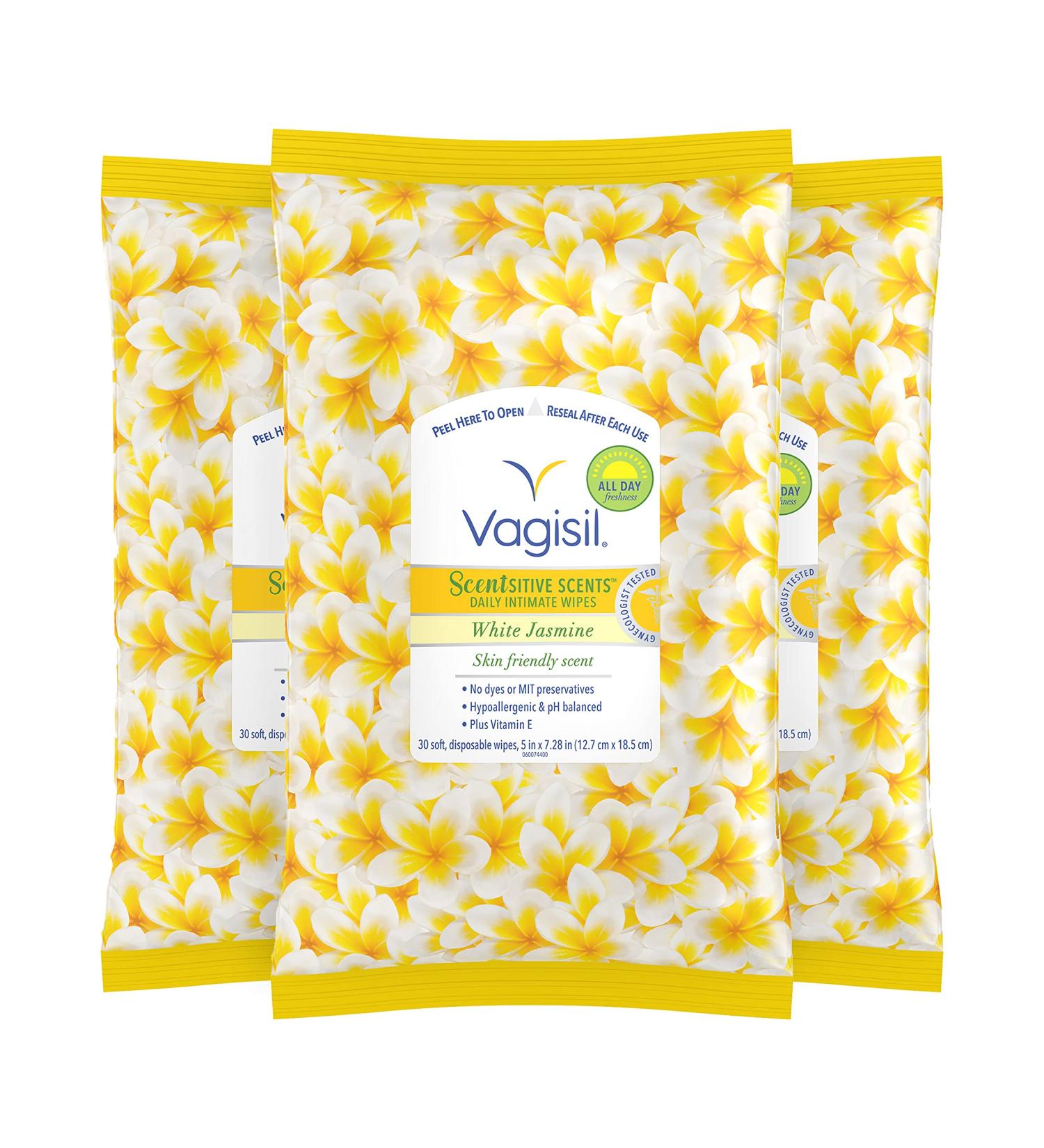 Vagisil Scentsitive Scents Intimate Wipes for Women - White Jasmine - Pack of 3 (90 Wipes) - Gynecologist Tested - Buy Online on GoSupps.com