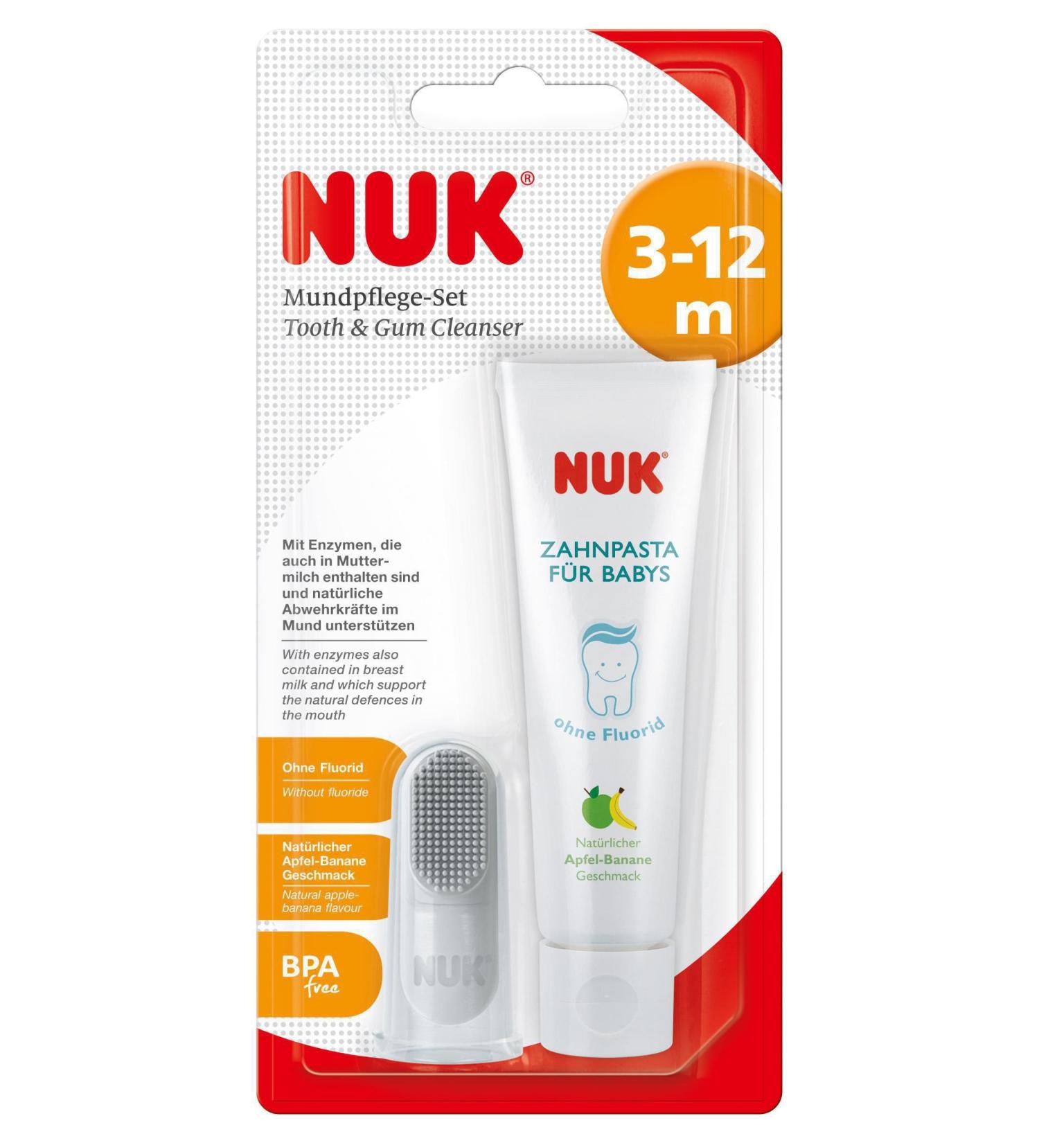 NUK Oral Care Set - Baby Toothpaste & Finger Toothbrush - Natural Apple-Banana Flavor BPA Free - Ideal for Safe International Shipping - Buy Online on GoSupps.com