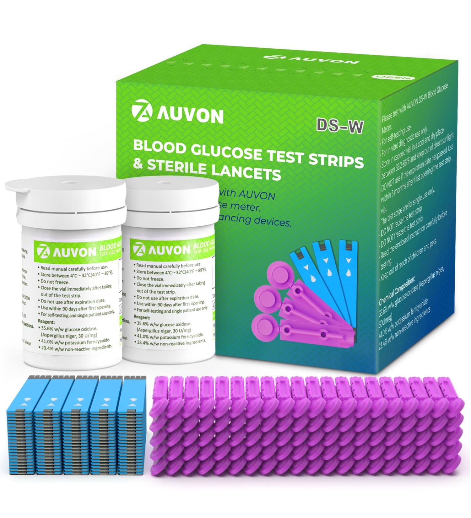 AUVON Blood Glucose Test Strips & Lancets Kit - 100 Diabetic Test Strips & 30 Gauge Lancets for Pain-Free Blood Testing - Compatible with AUVON DS-W Glucose Meter - Buy Online on GoSupps.com