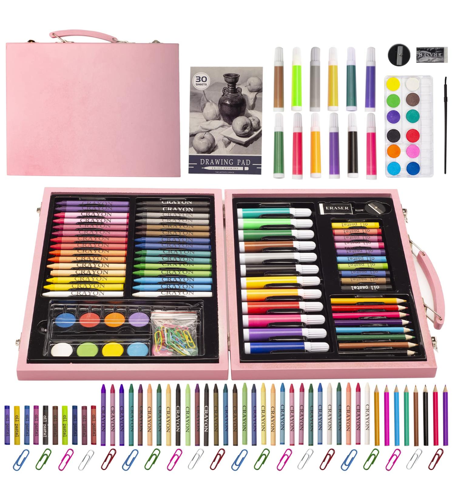KINSPORY 86PC Art Set for Kids - Wooden Case Drawing Kit with Sketch Book, Markers, Crayons, and Pencils - Ideal for Budding Artists, Teens, Boys, Girls - Pink - Buy Online on GoSupps.com