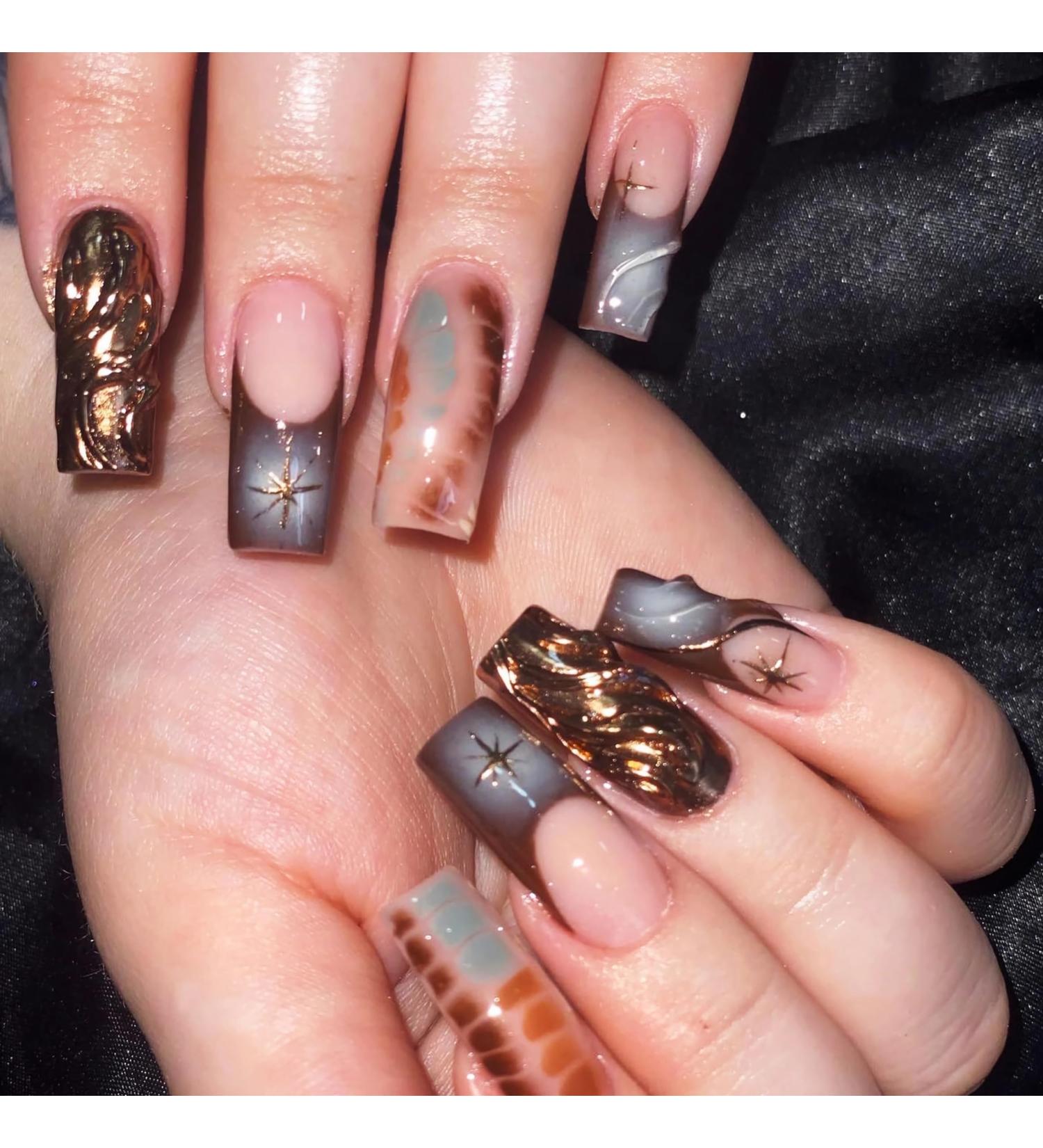 Buy BABALAL Square Press on Nails - Long French Tip Brown Chrome Acrylic 24 Pcs | 3D Water Wave Design | Y2K Manicure for Women & Girls - Buy Online on GoSupps.com