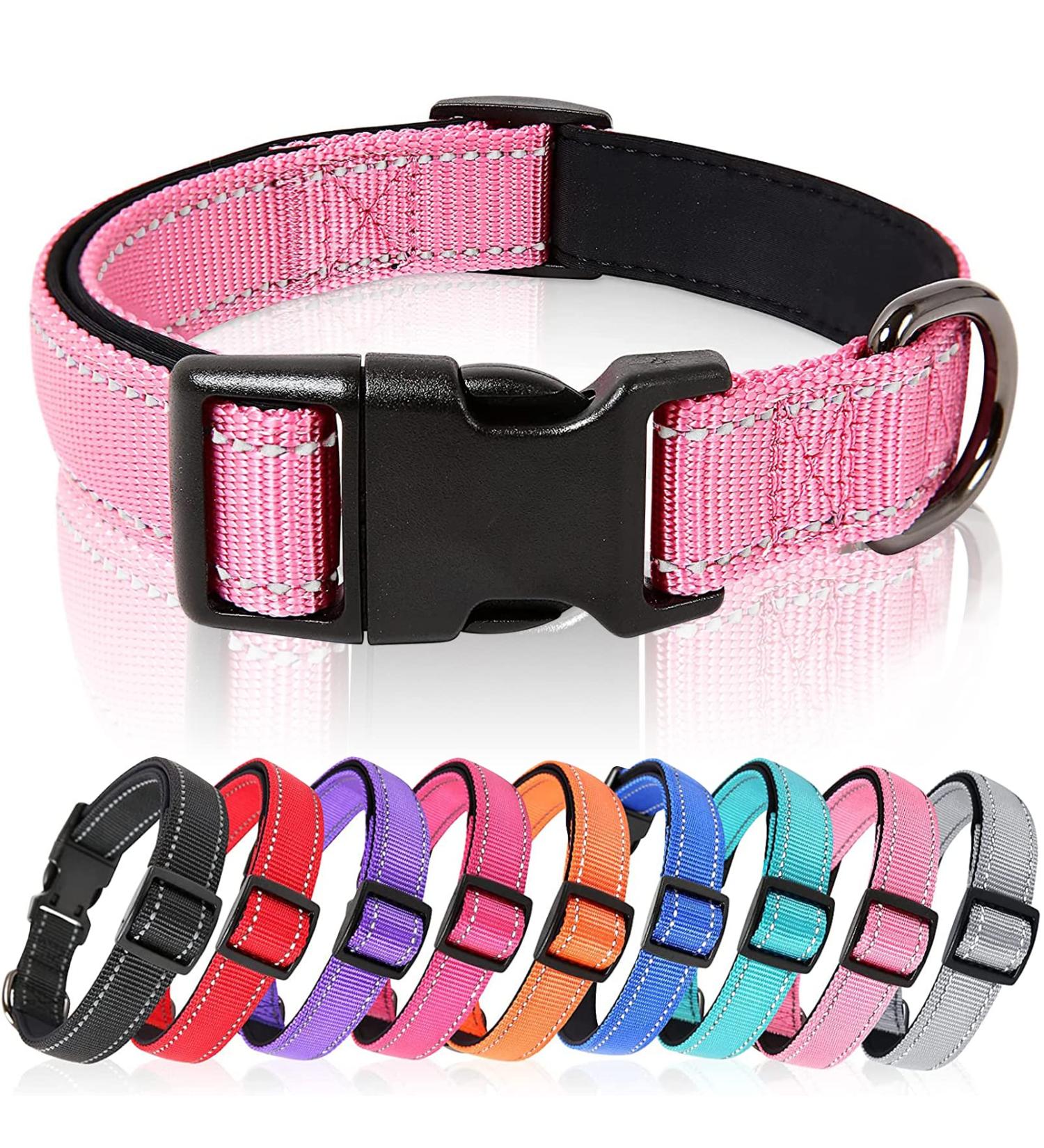 Heele Reflective Dog Collar | Soft Neoprene Padded Nylon for Small to Large Dogs | Adjustable 40-66 cm | Pink - Buy Online on GoSupps.com