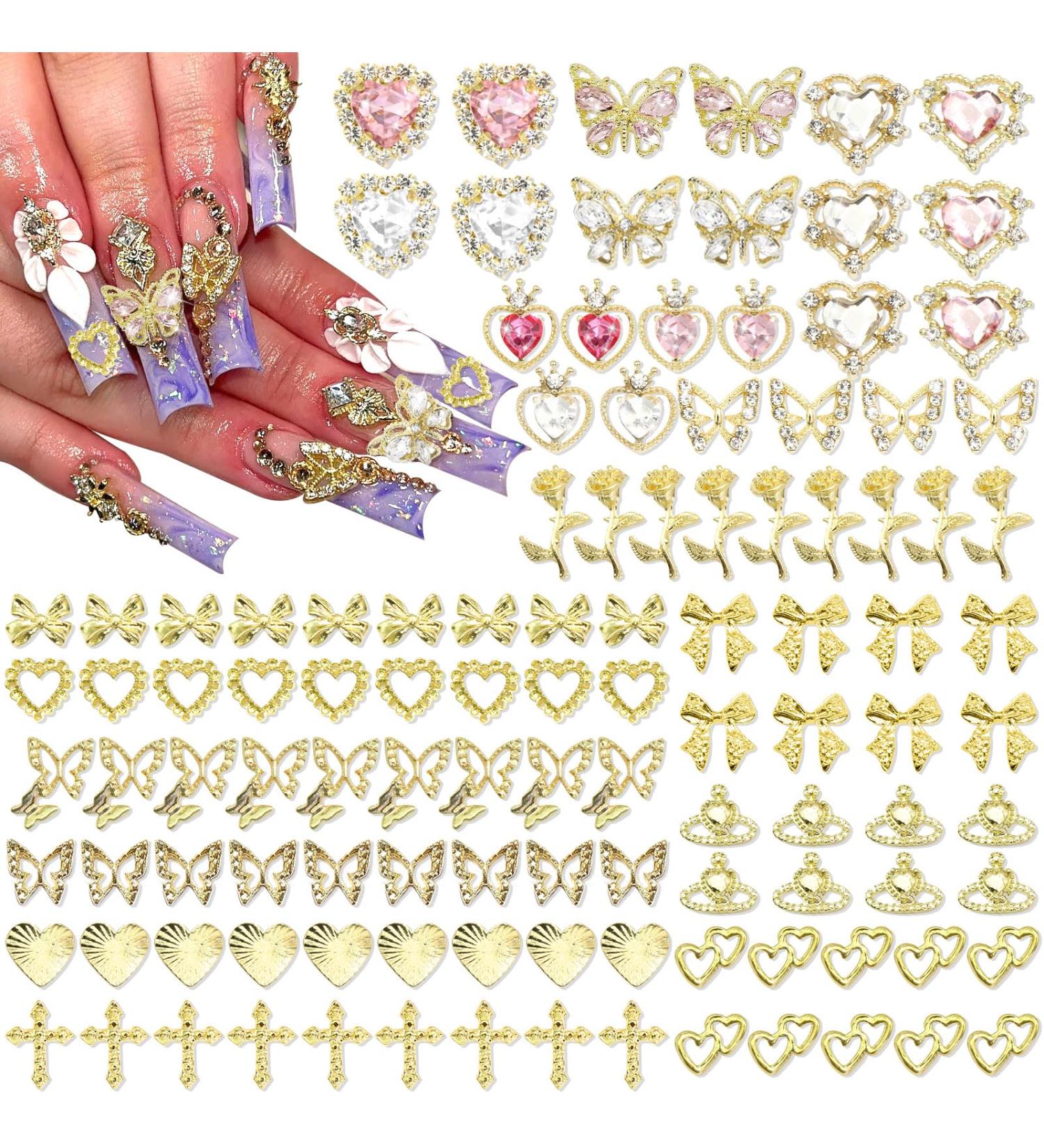 Buy RODAKY 124PCS Gold Nail Charms - 3D Butterfly Pink Crystal Heart & Bow Nail Art Jewelry for Acrylic Nails - Cute Glitter Decorations for Manicure Design - Buy Online on GoSupps.com