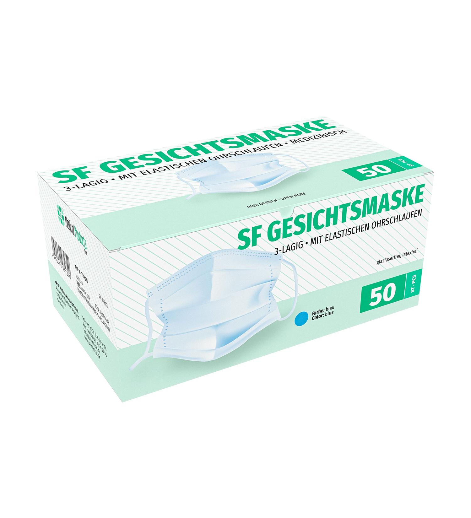 Buy SF Mundschafts 50-Pack Medical Surgical Masks - EN 14683 Certified 3-Layer Disposable Face Masks for Mouth & Nose Protection - Buy Online on GoSupps.com