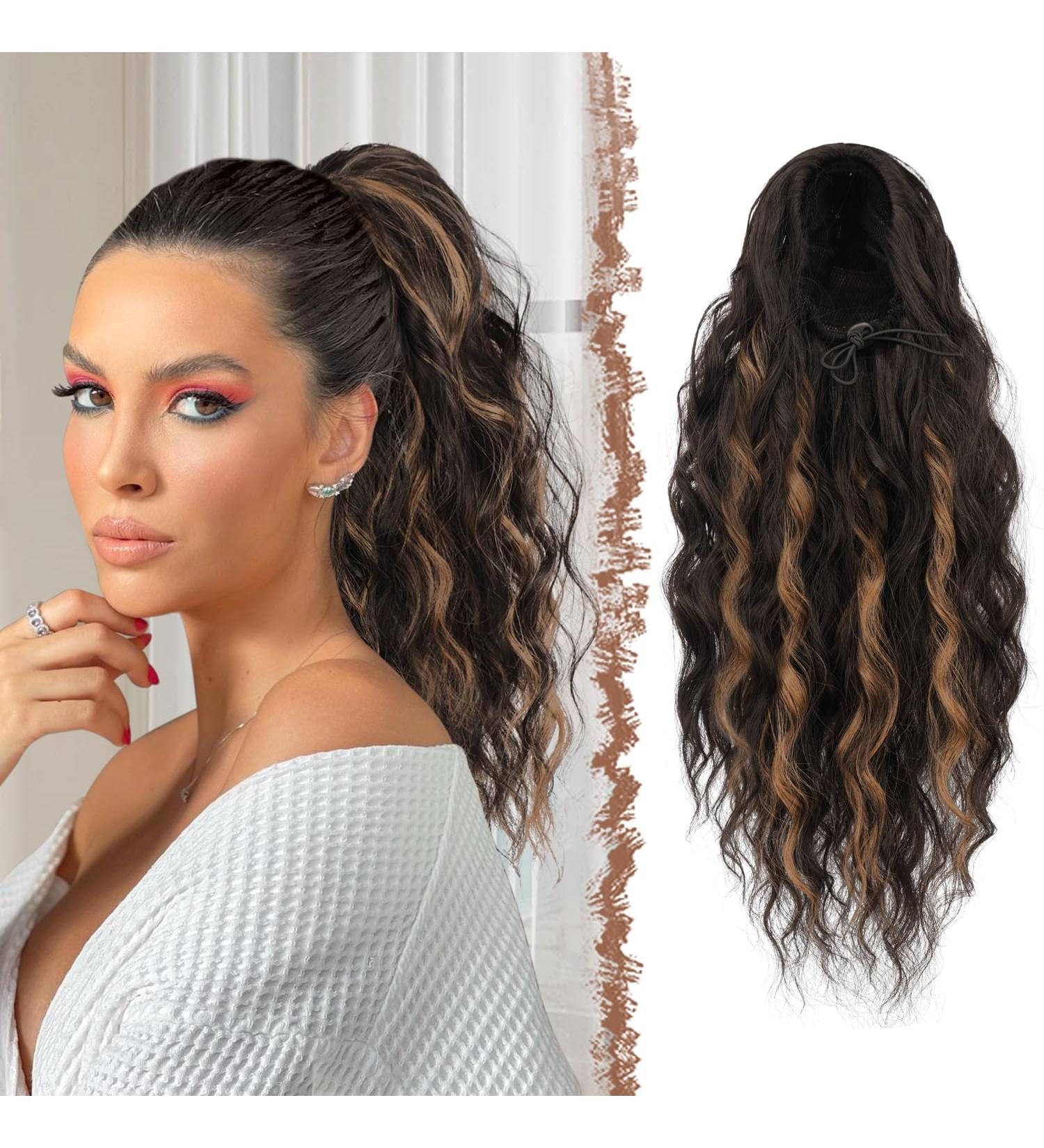 Feshfen Clip In Ponytail Hair Extension - 45cm Synthetic Wavy Braids in Black & Caramel Brown - Perfect for Women - Buy Online on GoSupps.com
