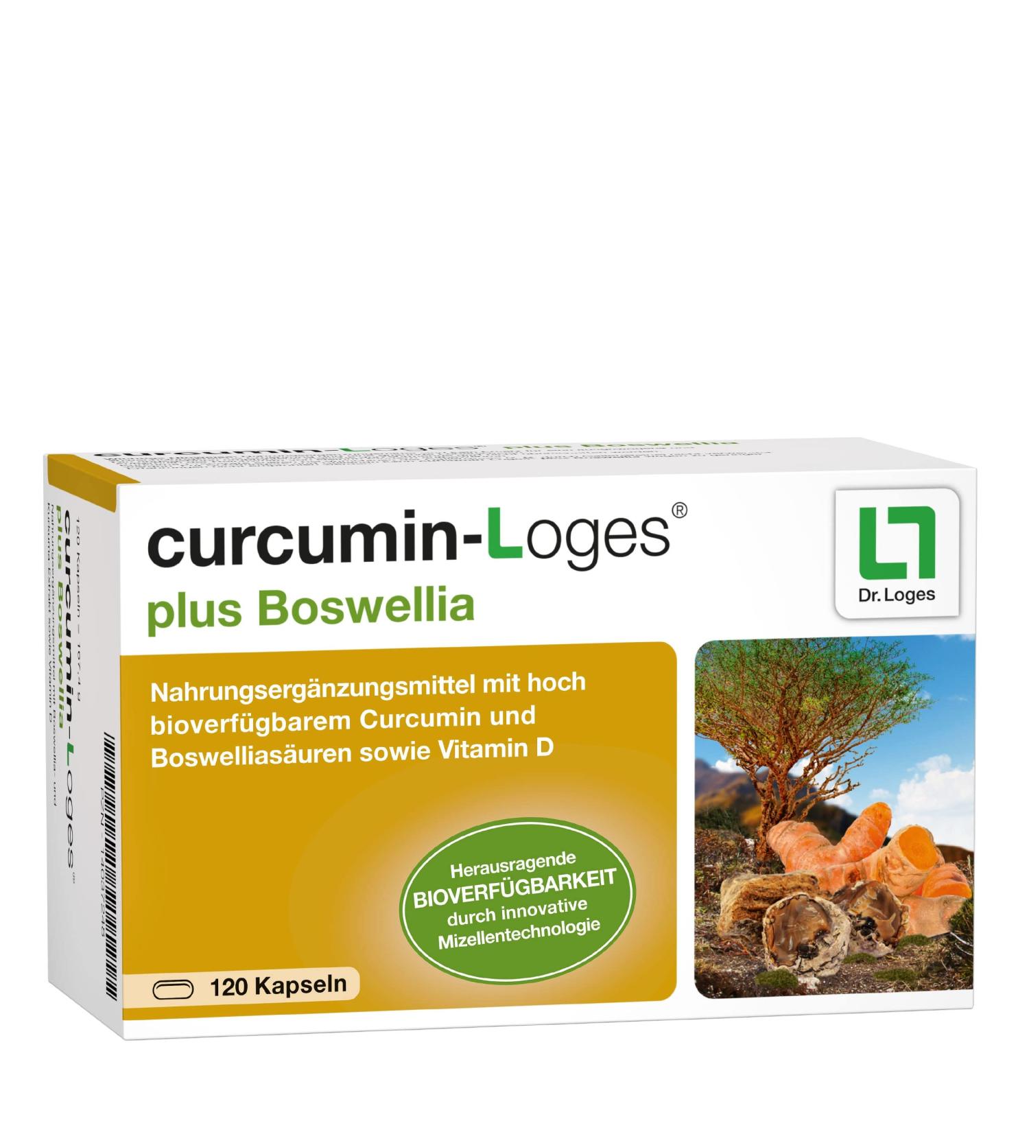 Curcumin Loges Plus Boswellia - 120 Capsules | Highly Bioavailable Dietary Supplement with Vitamin D for Joint Health - Buy Online on GoSupps.com
