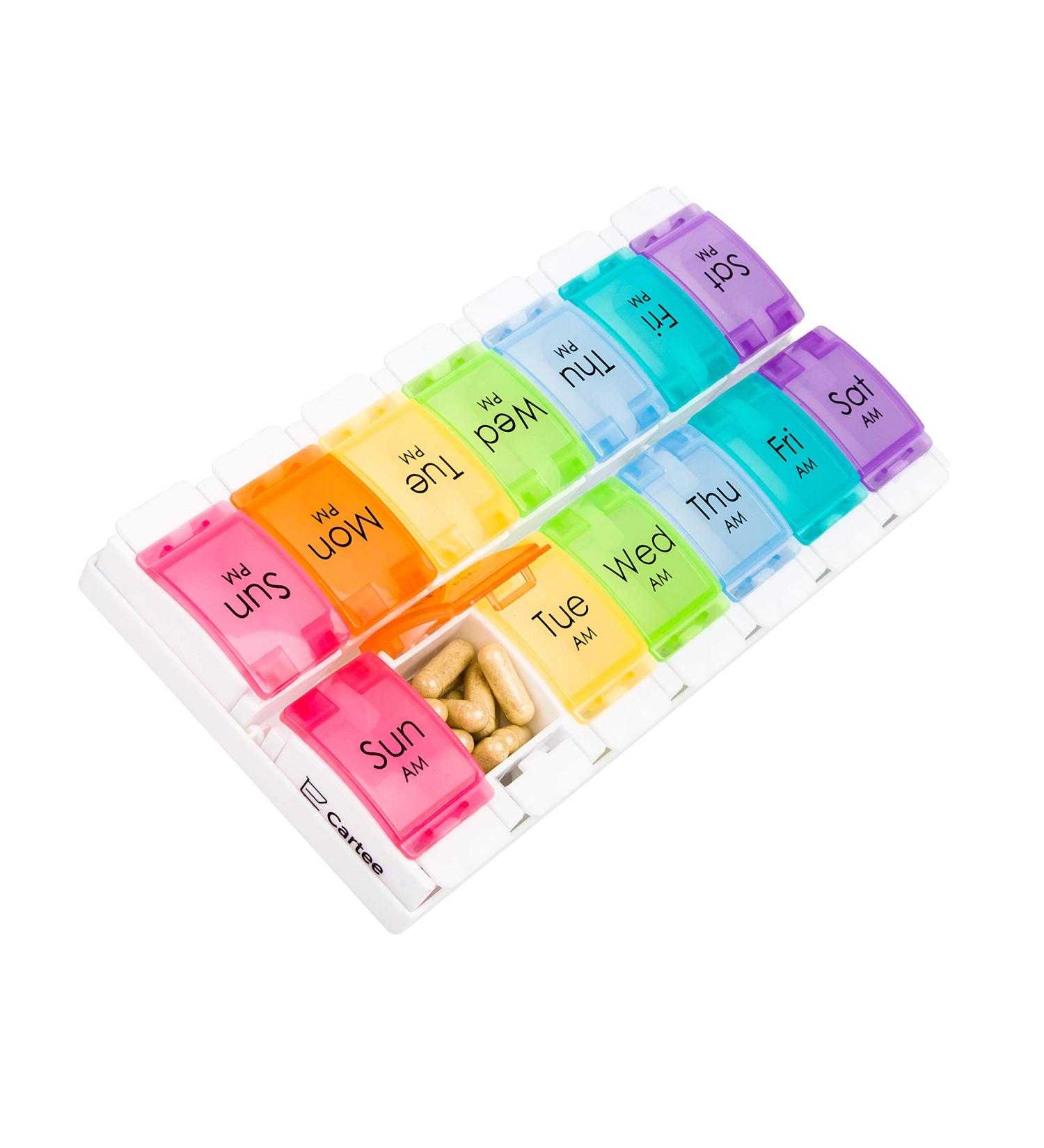 Cartee Weekly Pill Organiser - Easy Open 2x a Day - Travel Medication Box with Push Button Design - Vitamins & Supplements Organizer - Buy Online on GoSupps.com