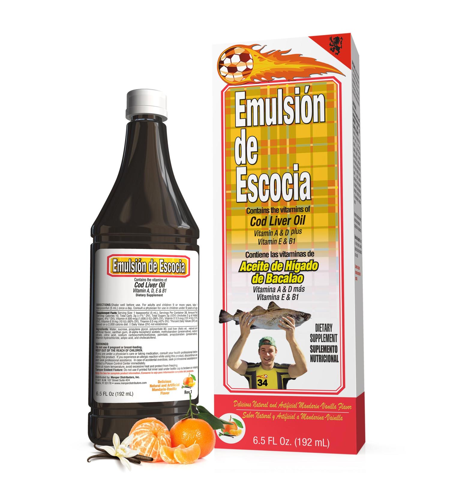 Emulsi n de Escocia Cod Liver Oil Liquid Supplement with Vitamins A D E & B1 | Natural Fish Oil for Kids & Women | Mandarin-Vanilla Flavor | Omega 3 Dietary Support | 6.5 oz 1-Pack - Buy Online on GoSupps.com