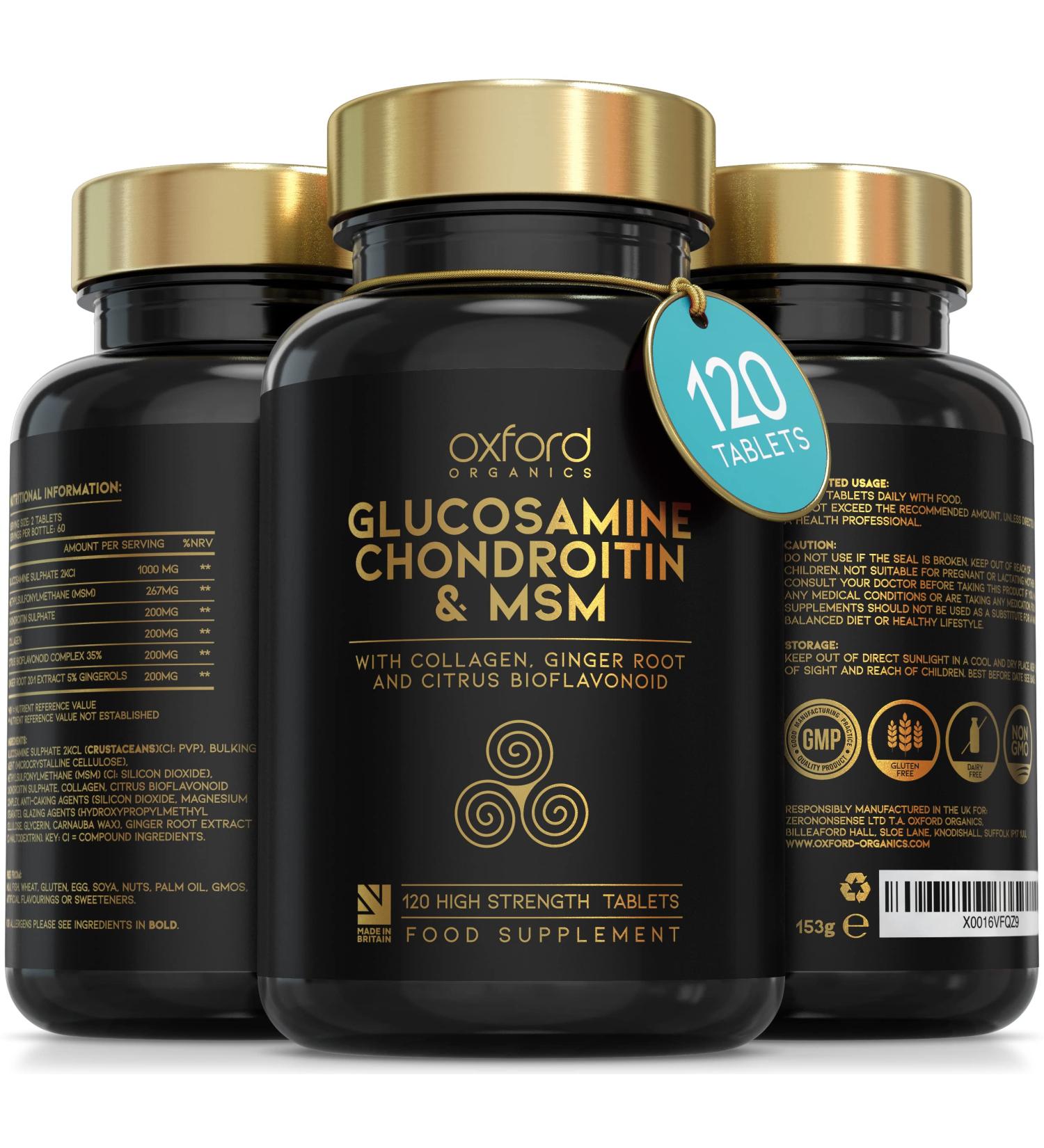High Strength Glucosamine Chondroitin MSM Tablets | 120 Glucosamine Sulphate Tablets with Collagen & Ginger | Made in UK for Men & Women - Buy Online on GoSupps.com