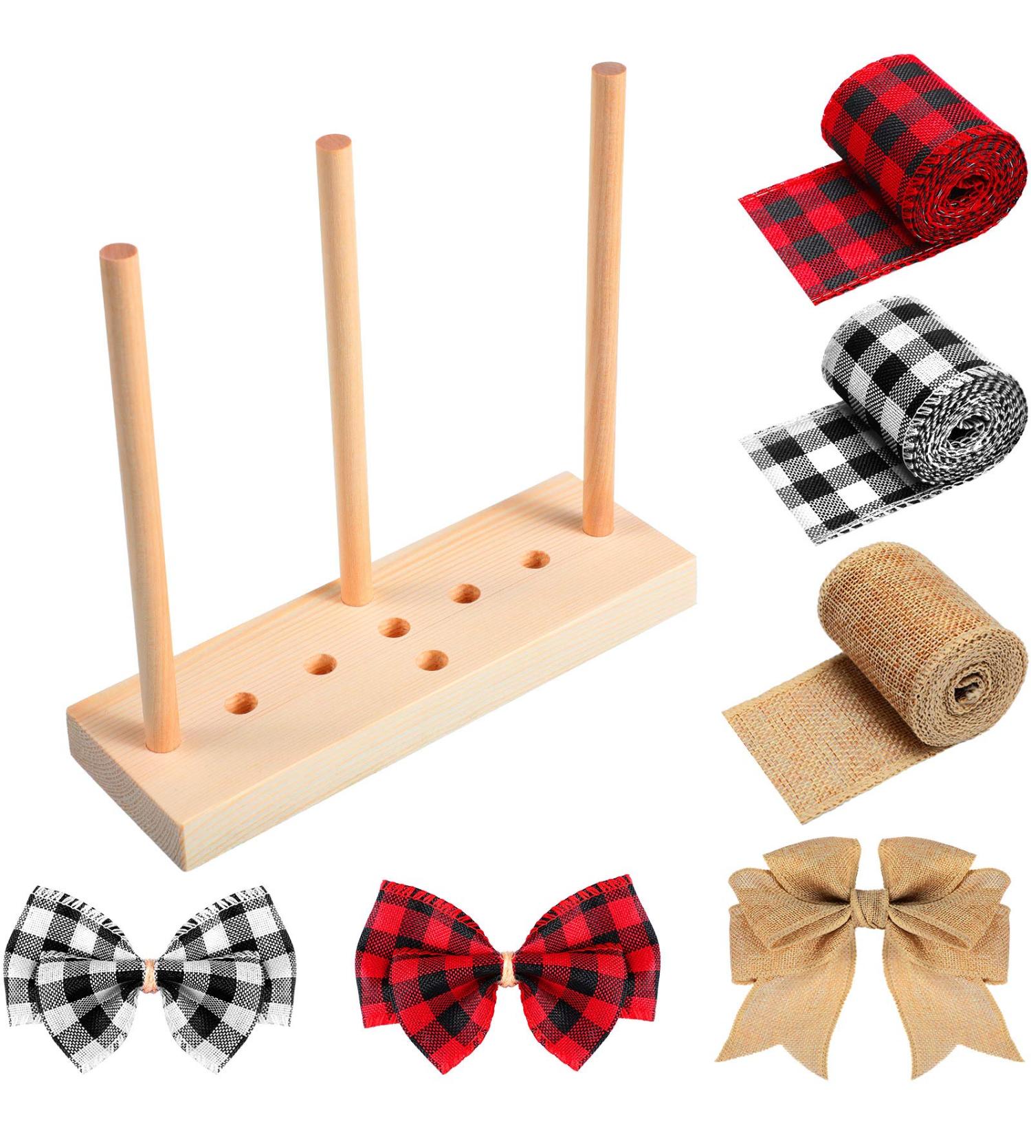 Wooden Ribbon Bow Maker with 3 Rolls Burlap Ribbons - Perfect for Christmas, Holiday Crafts & Decorations - Buy Online on GoSupps.com