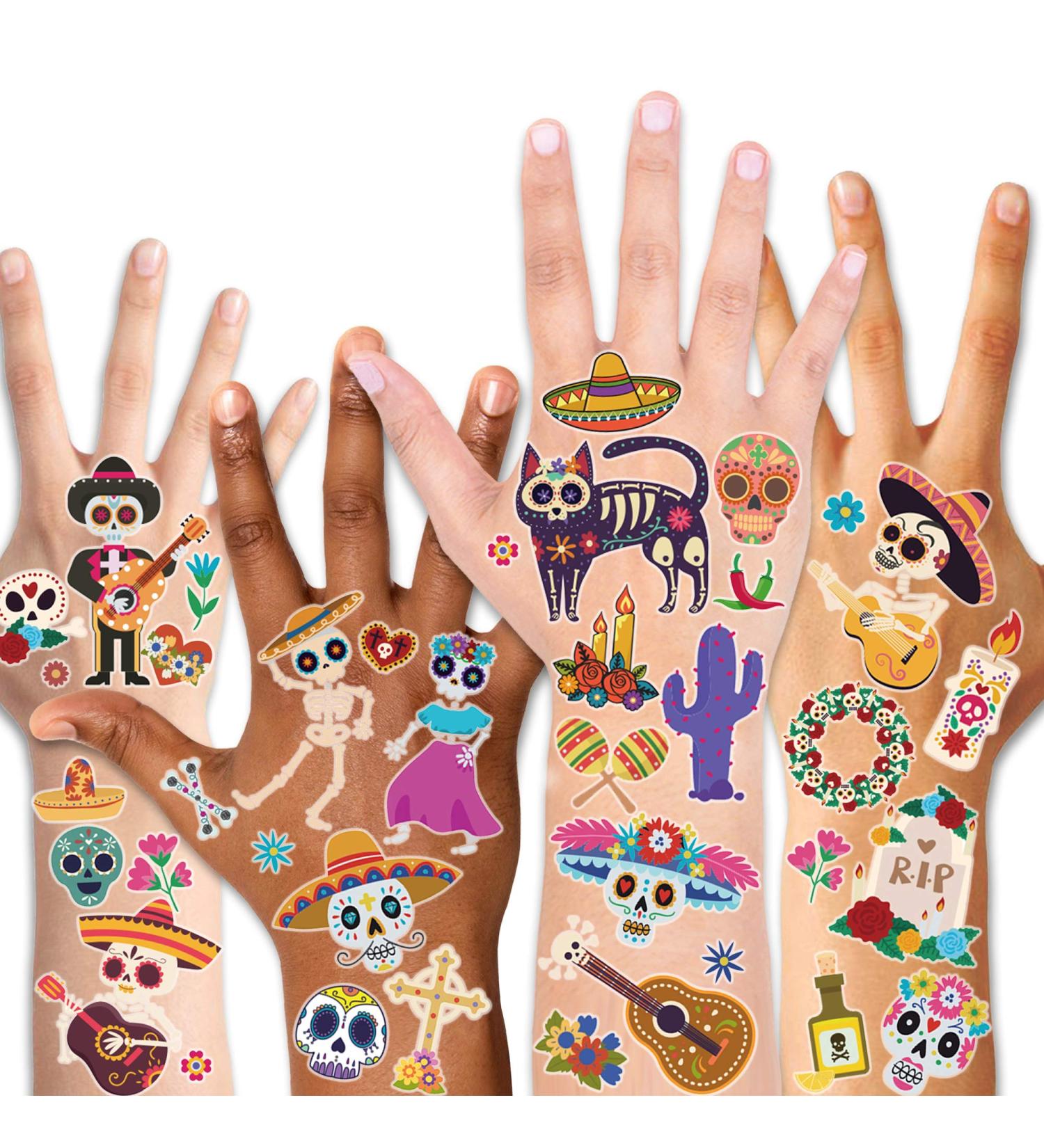 Mexican Day of the Dead Temporary Tattoos - 125pcs for Men, Women & Kids | Cinco de Mayo Halloween Transfers - Buy Online on GoSupps.com