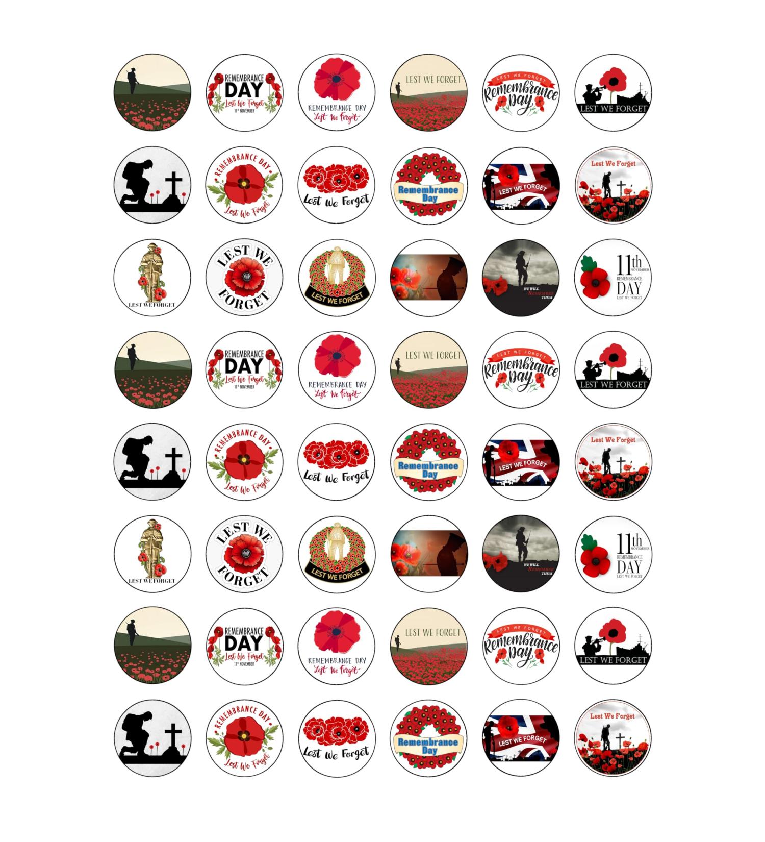 48 Remembrance Day Poppy Fundraising Themed Edible Wafer Paper Cake Toppers Decorations - 2.5cm circles