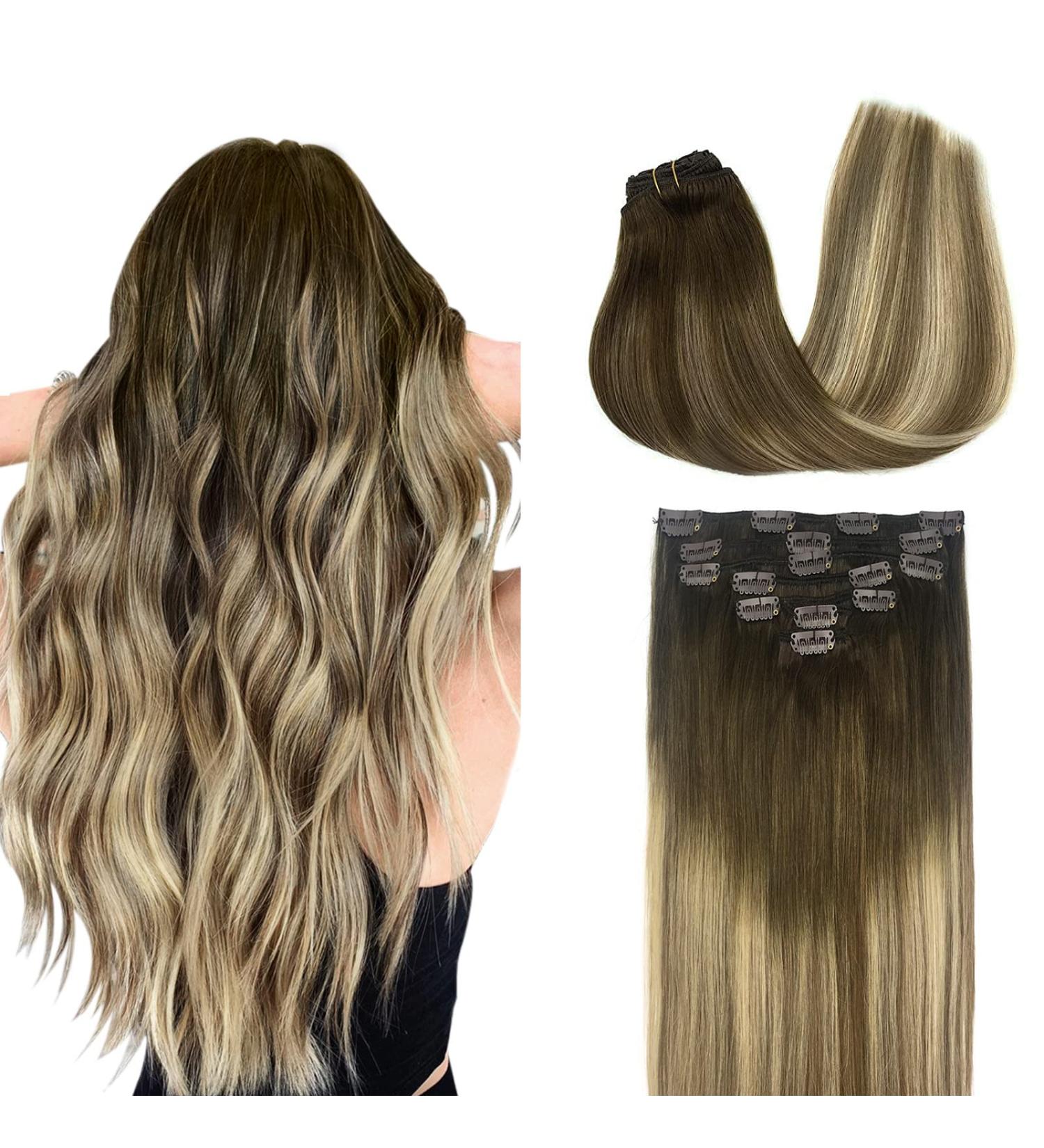 Doores Clip-In Extensions | Real Human Hair | Walnut Brown to Ash Brown & Bleach Blonde | 50cm (20 Inch) | 7 Pieces 120g Remy Hair for Thick Natural Look - Buy Online on GoSupps.com