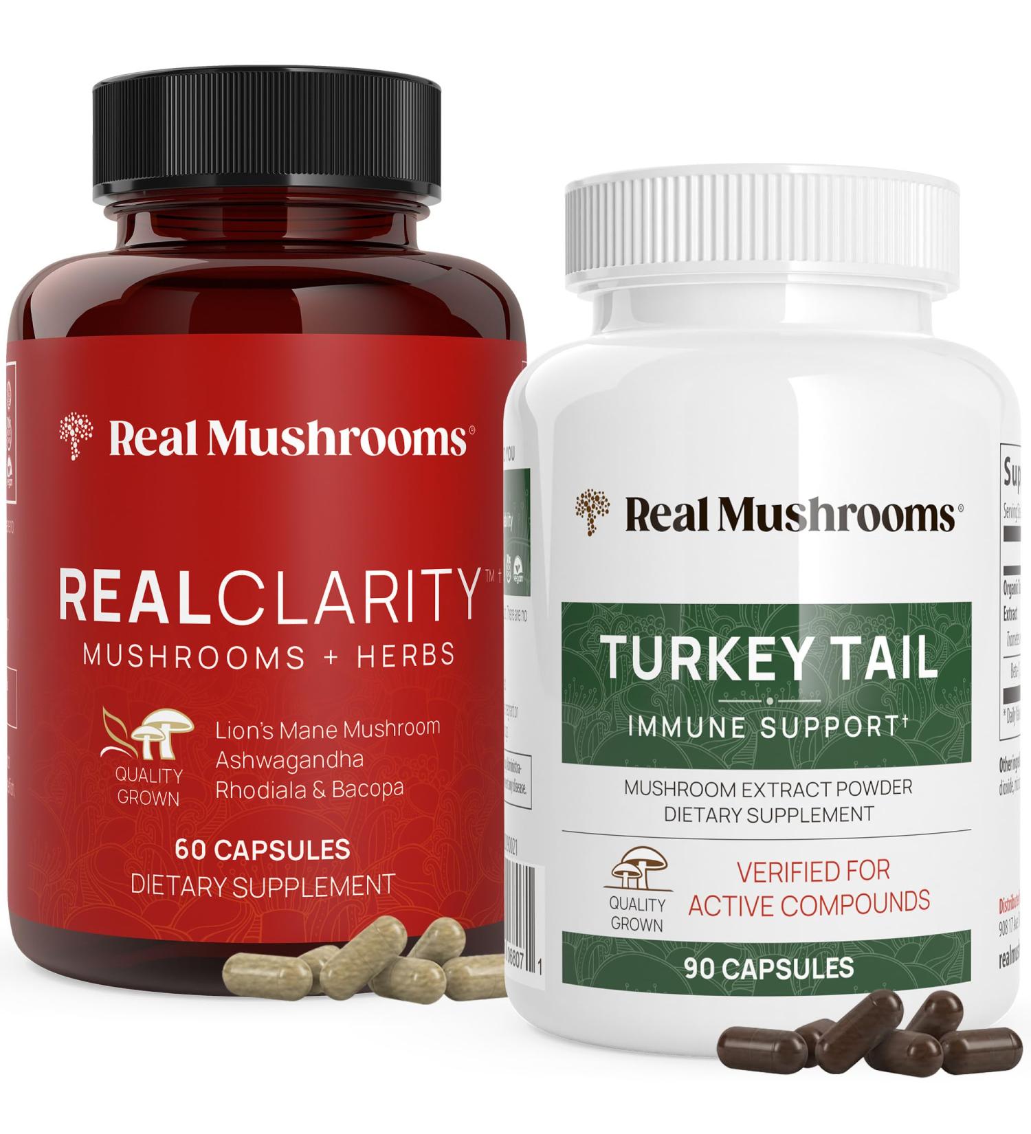 Real Mushrooms RealClarity (60ct) and Turkey Tail (90ct) Capsules Bundle - Mushroom Supplement for Mental Clarity Focus & Immune Support - Vegan Non-GMO Verified Levels of Beta-Glucans - Buy Online on GoSupps.com
