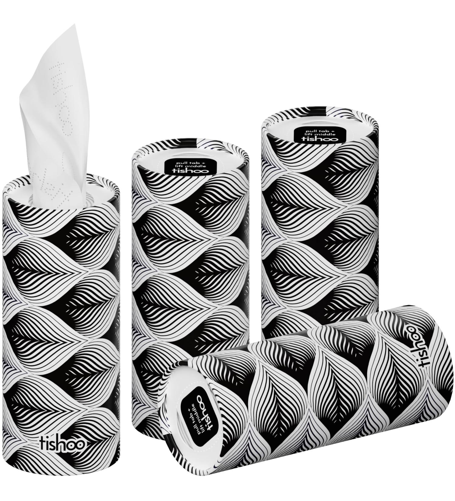 TiShoo Extra Soft 4-Latz Handkerchiefs with Moisturizer - Eco-Friendly Travel & Car Cup Holder Set | Monochrome Waves | 4 Plastic-Free Tubes - Buy Online on GoSupps.com
