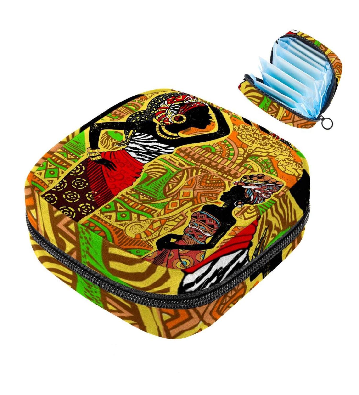 Beautiful African Woman Landscape Pattern Sanitary Napkin Storage Bag | Portable Menstrual Cup Pocket with Zipper for Teens & Women - Buy Online on GoSupps.com