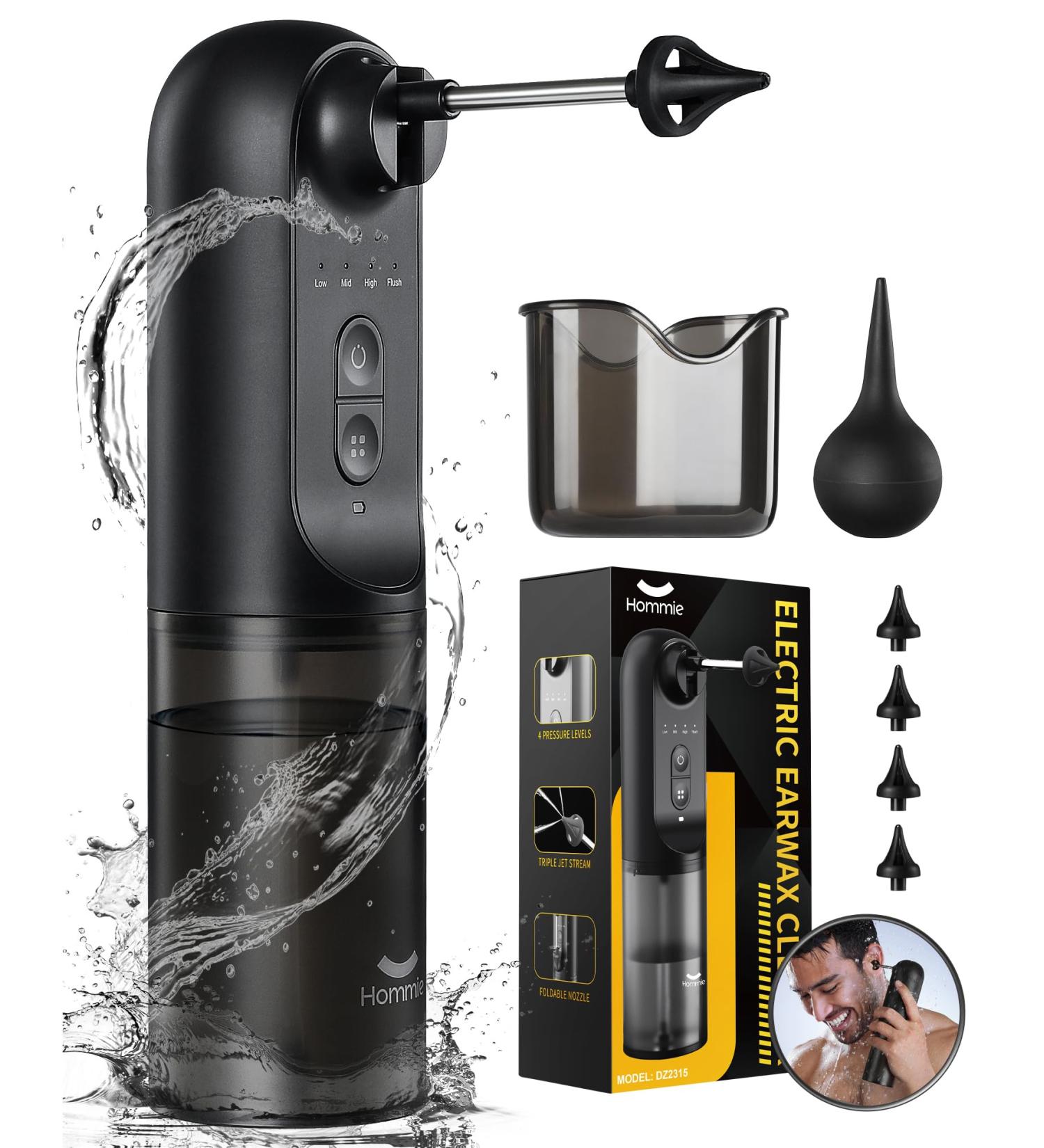 Hommie Ear Wax Remover Rechargeable Electric Ear Cleaner with 4 Modes IPX7 Waterproof Foldable Nozzle & 4 Replacement Tips International Shipping Available - Buy Online on GoSupps.com