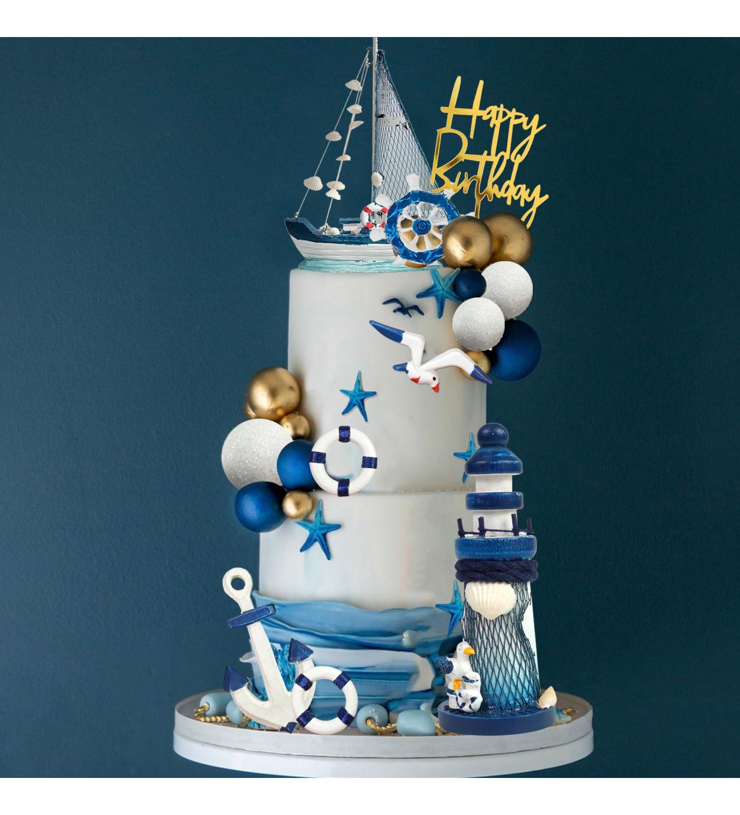 DRWATE Nautical Cake Topper Ship Lighthouse Blue White ball Cake Toppers Seagulls Anchor Rudder Cake Decorations for Nautical Theme Party Birthday Party Summer Ship Party Supplies (Style 01) - Buy Online on GoSupps.com