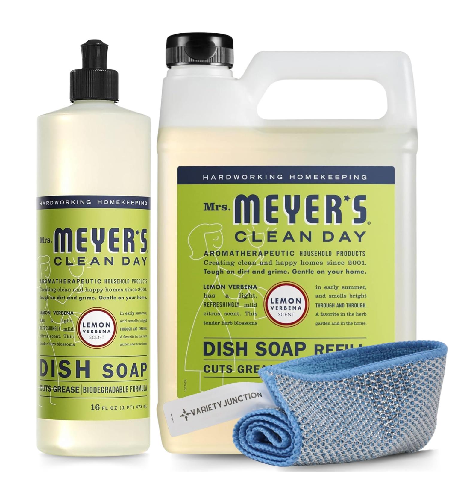 Mrs. Meyer's Lemon Verbena Dish Soap Set | 16oz Bottle & 48oz Refill + Microfiber Towel | Eco-Friendly International Shipping - Buy Online on GoSupps.com